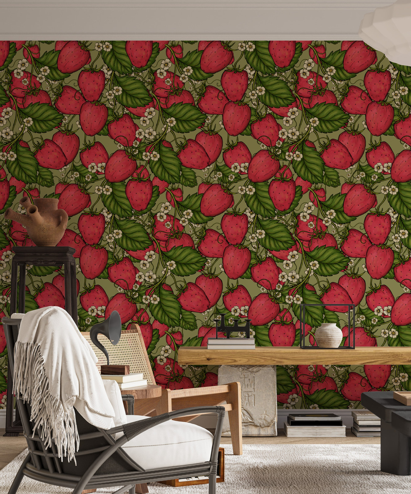 Whimsical pink strawberry forest wallpaper for playful interiors.
