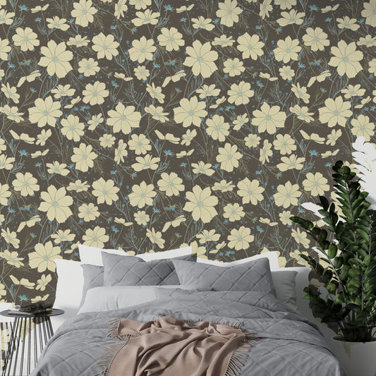 Elegant cosmos flower gray wallpaper with a minimalist design.
