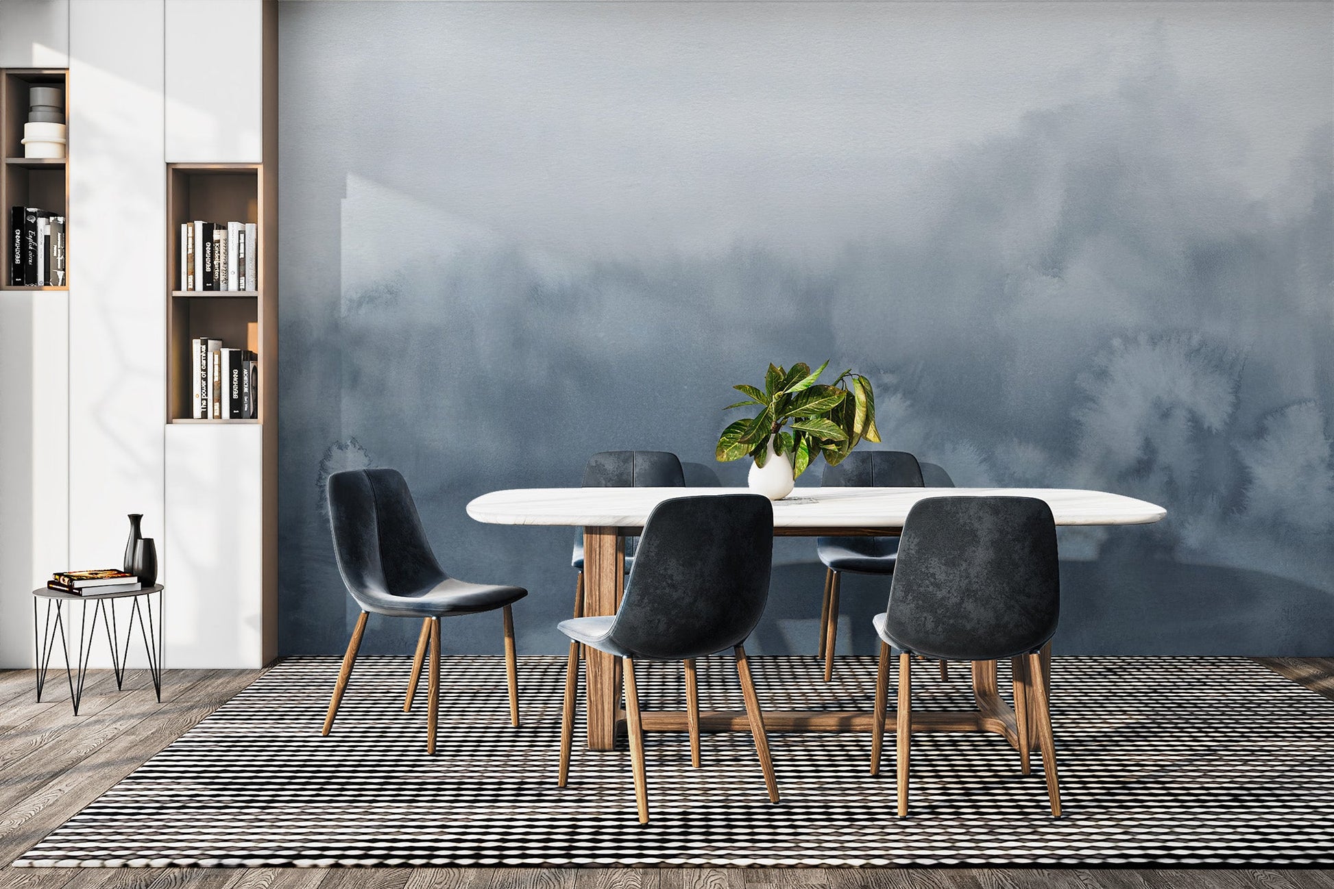 Blue Ombre mural creates a modern, elegant dining room setting.