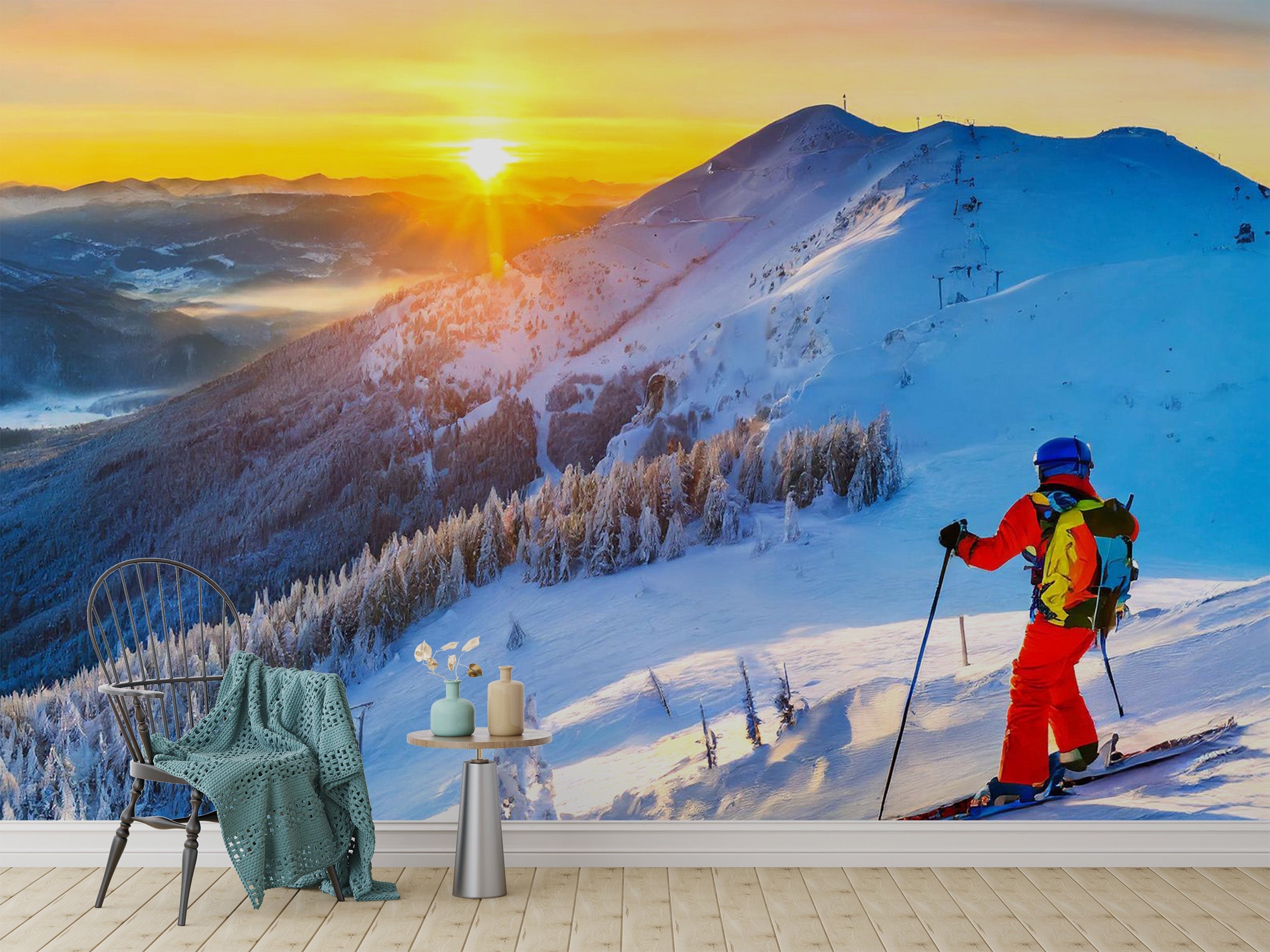 Captivating Alpine Dawn Skiing Adventure mural for living room walls.