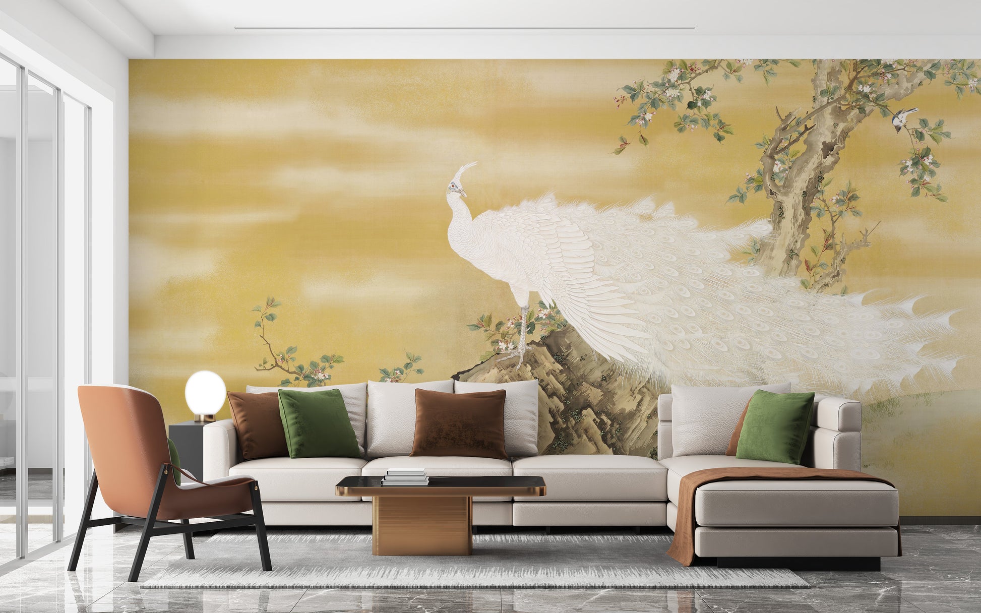 Luxurious white peafowl mural for home walls



