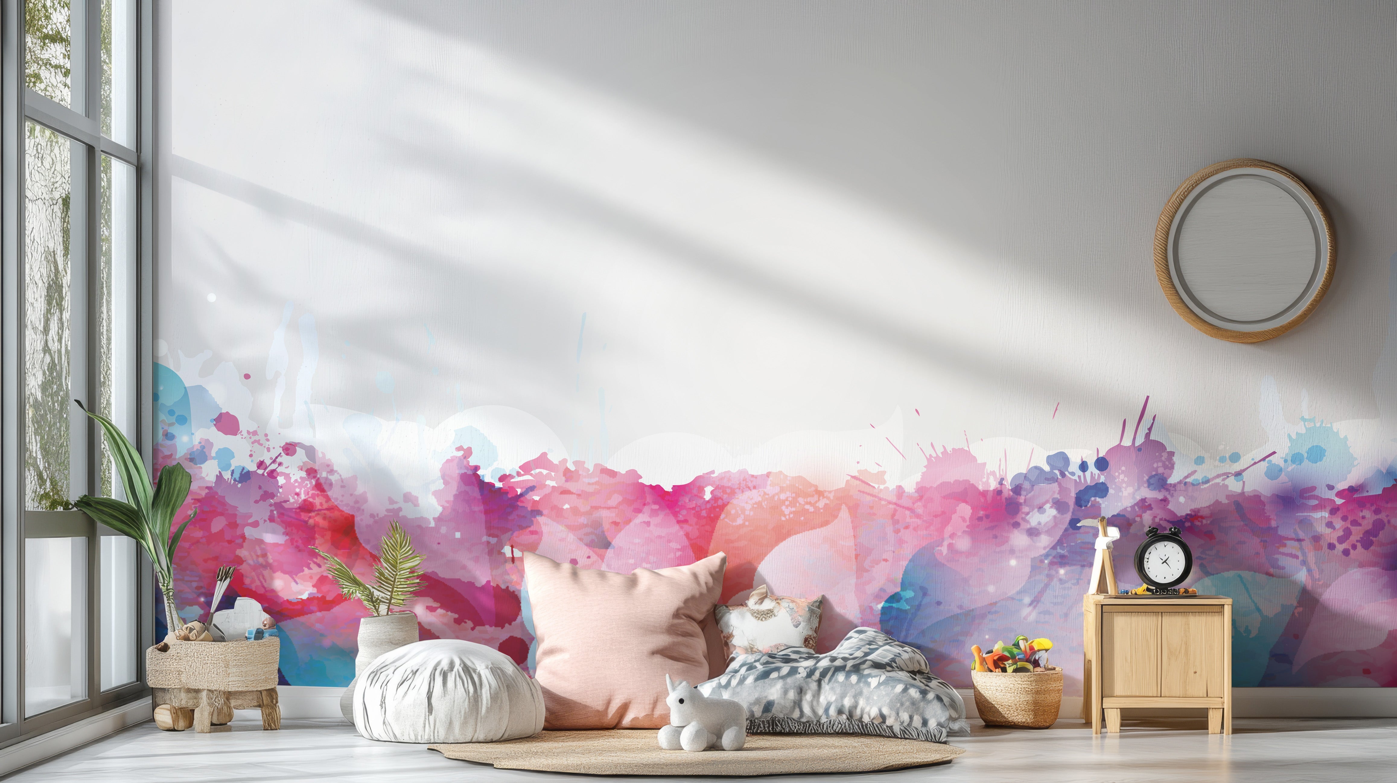 Watercolor wallpaper mural with vibrant abstract colorful leaves.
