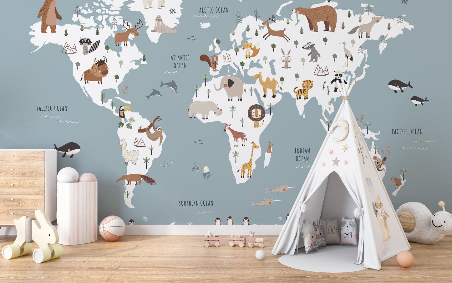 Adorable animal-themed map for nursery walls
