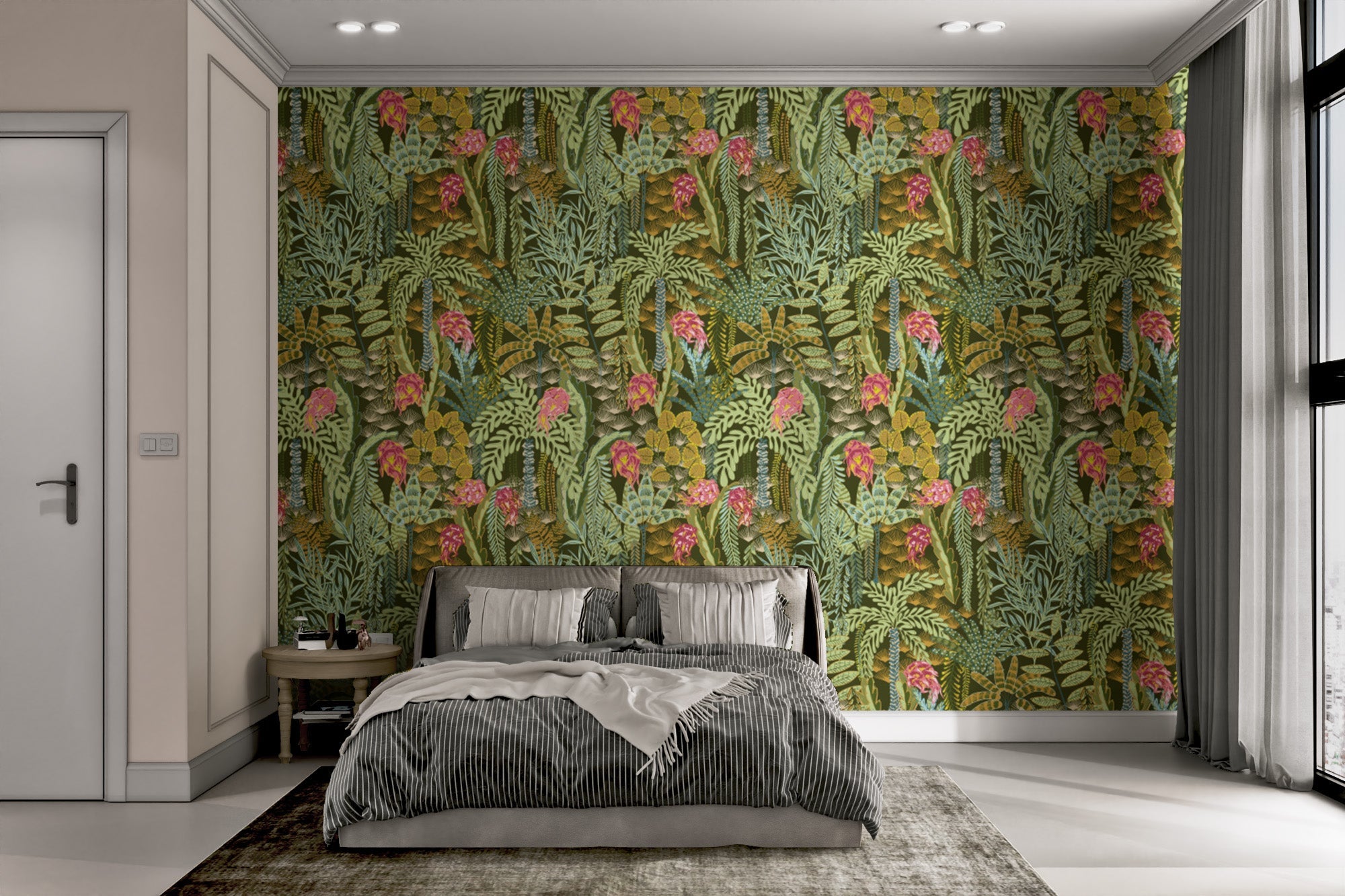 Vibrant Emerald Jungle wallpaper featuring exotic plant patterns.
