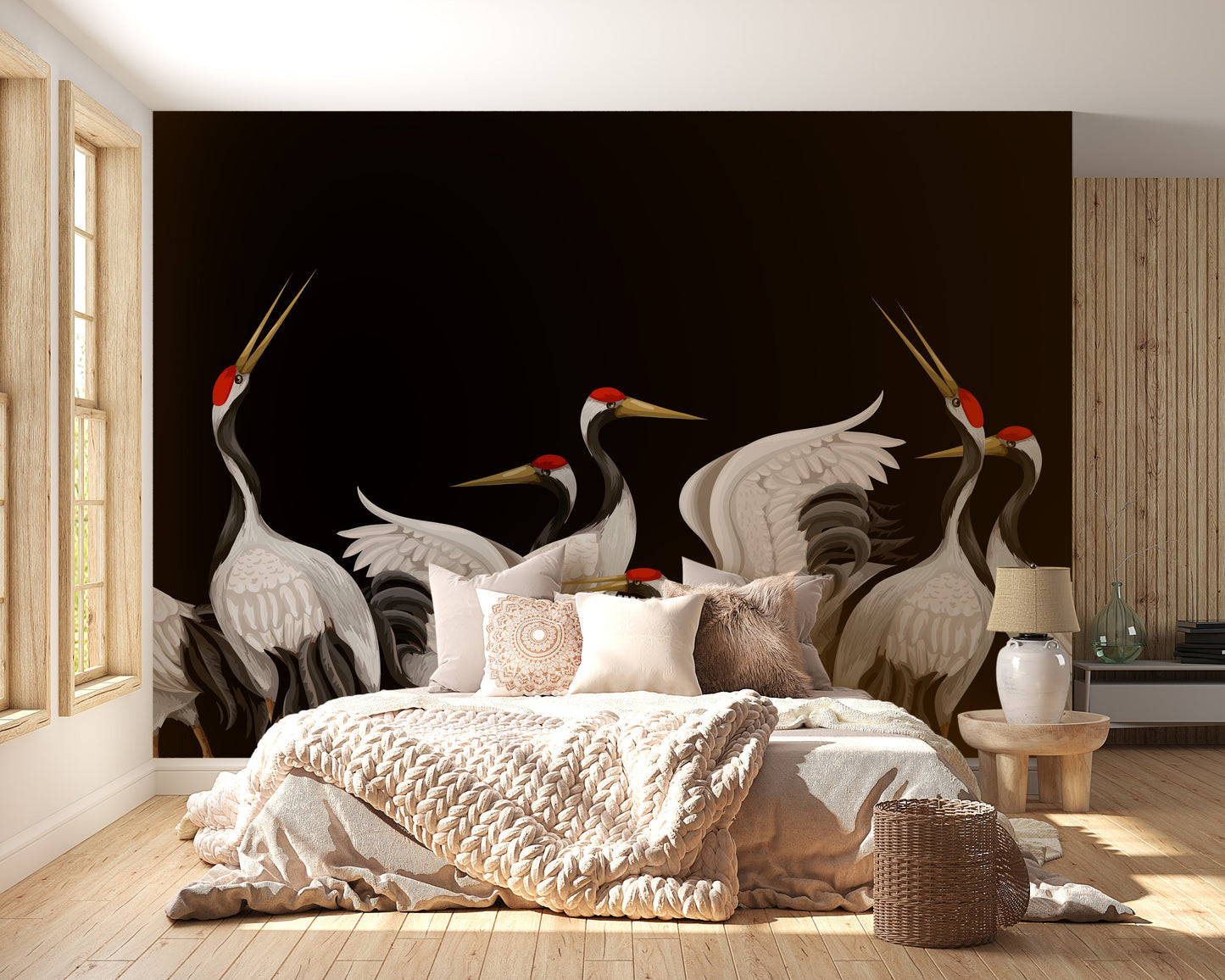 Elegant wallpaper of flying white cranes