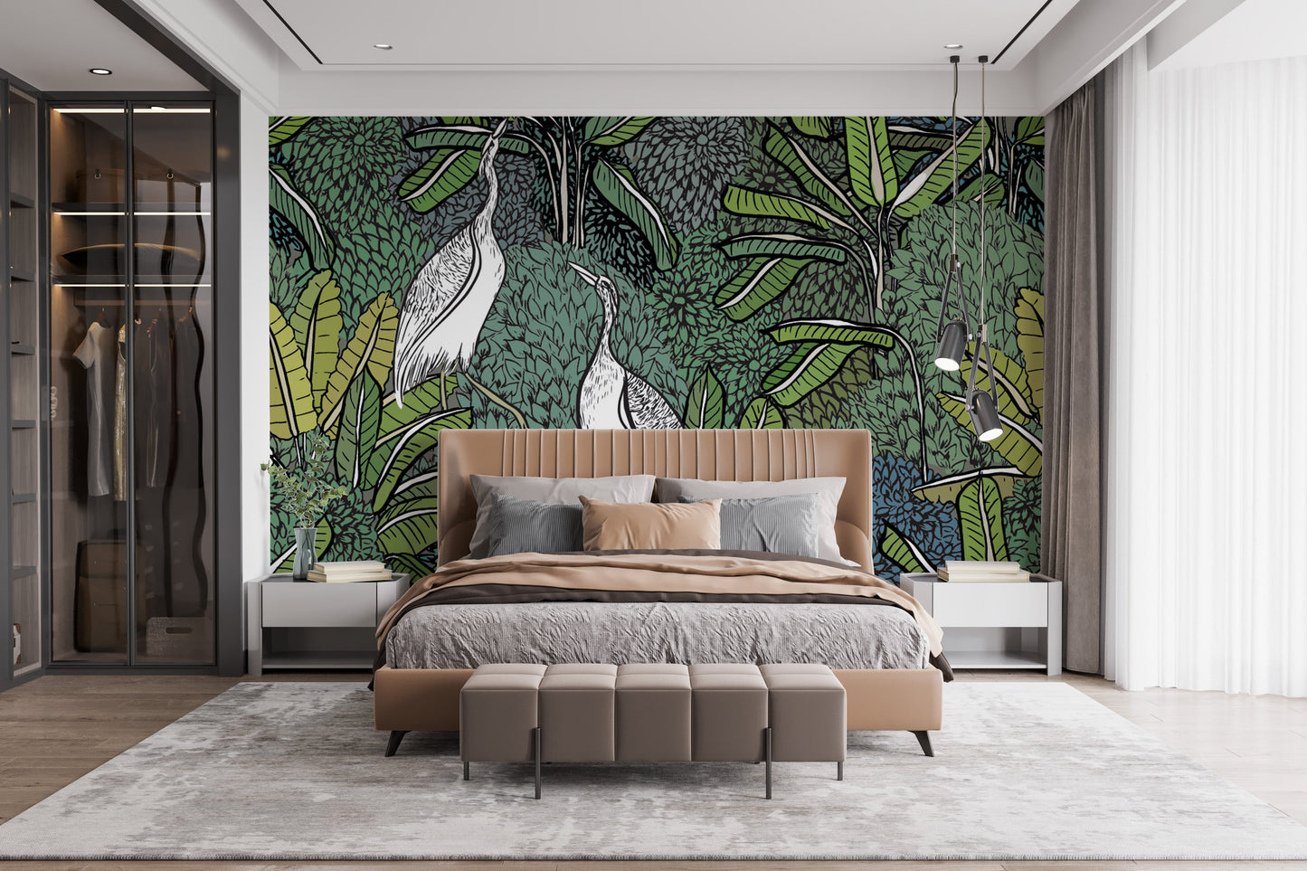 Green tropical leaves mural design
