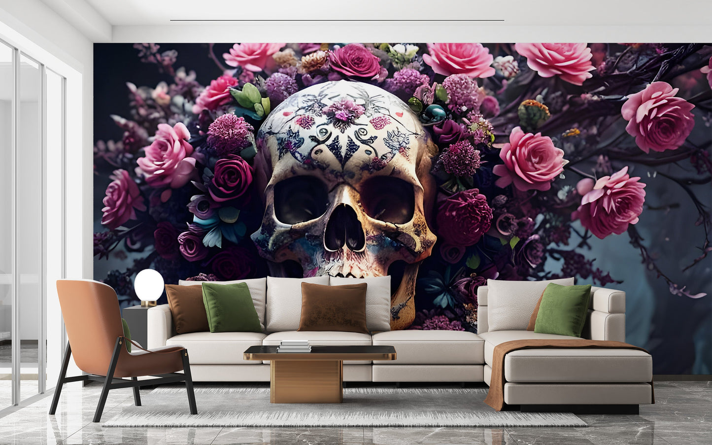 Vibrant floral skull murals for walls
