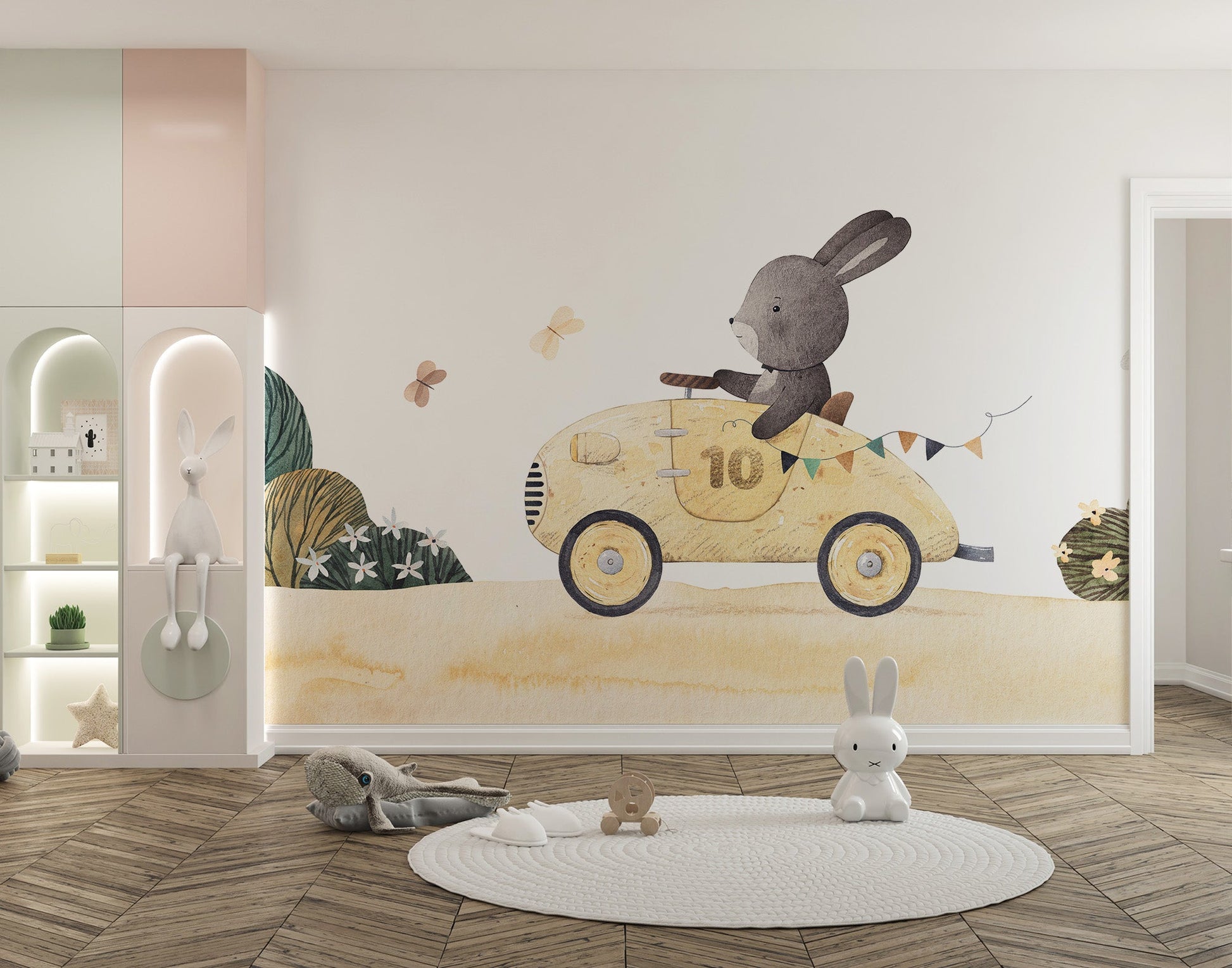 Cute bunny driving a car wallpaper mural for children's spaces.