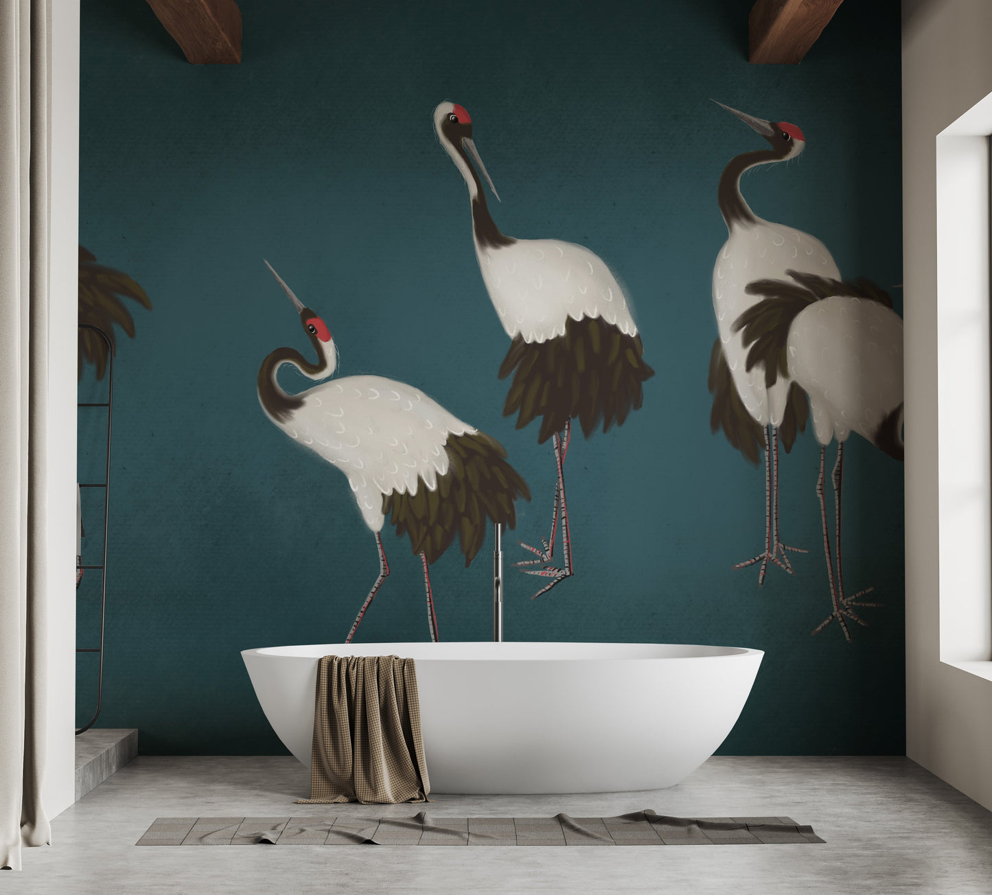 Nature-inspired crane wallpaper for bathrooms