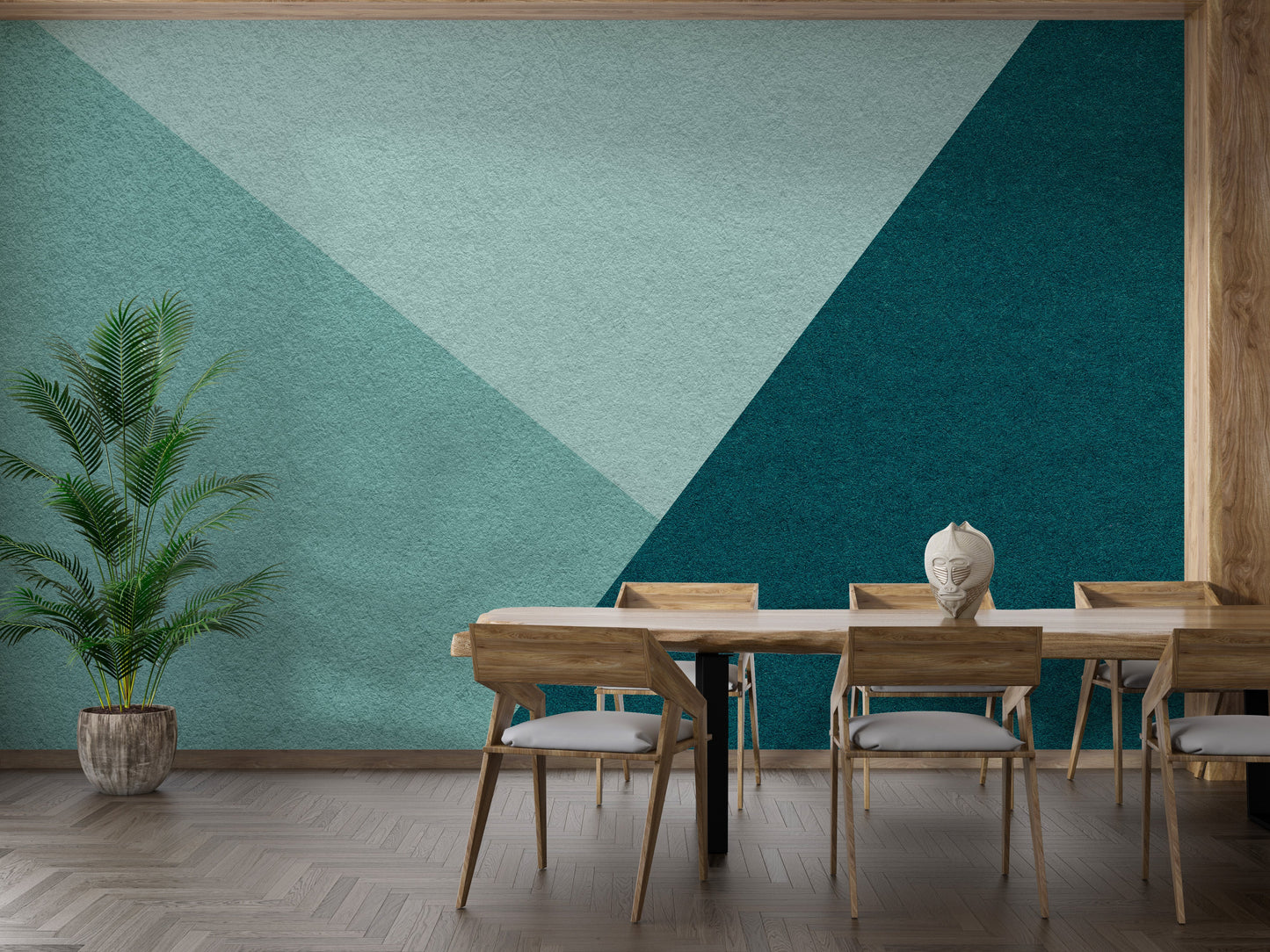 Contemporary cyan wallpaper mural with bold shapes
