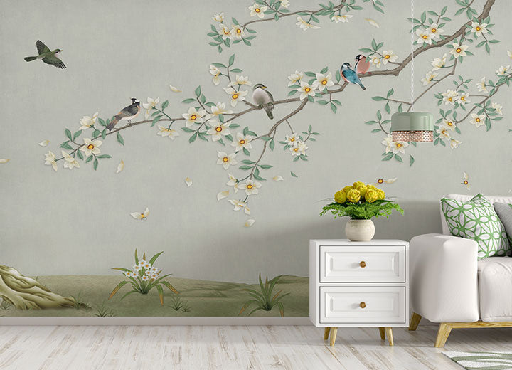 Birds on Branch Green Color Wallpaper Mural - Giffywalls