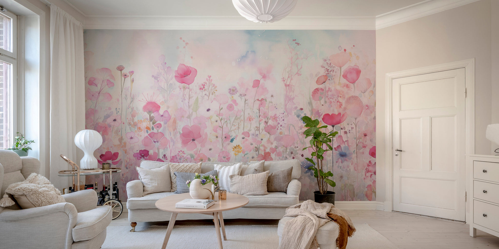 Soft watercolor happy flowers pink wallpaper for a warm, joyful ambiance.
