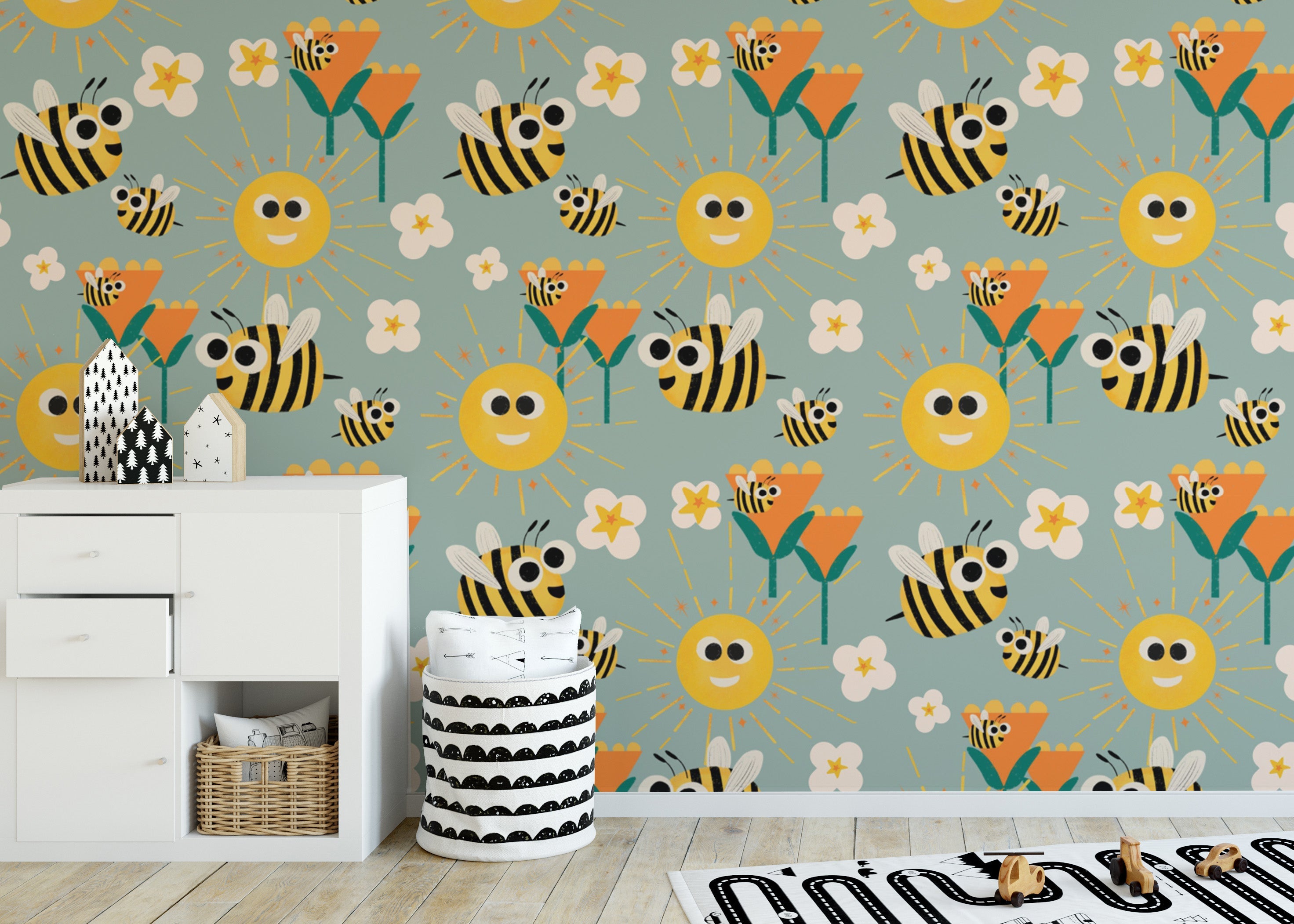 Bee and sunshine mural wallpaper on blue
