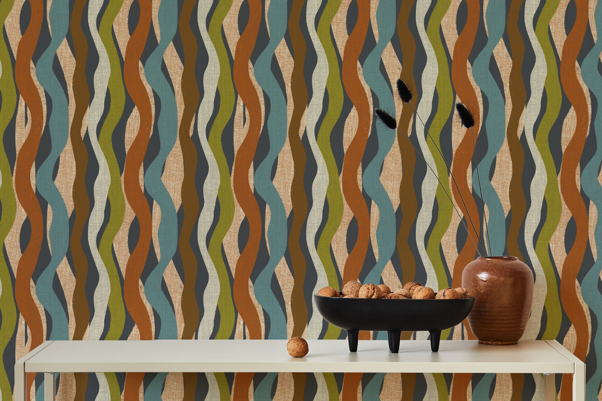 Textured Organic Stripe Waves Charcoal Wallpaper for a striking room