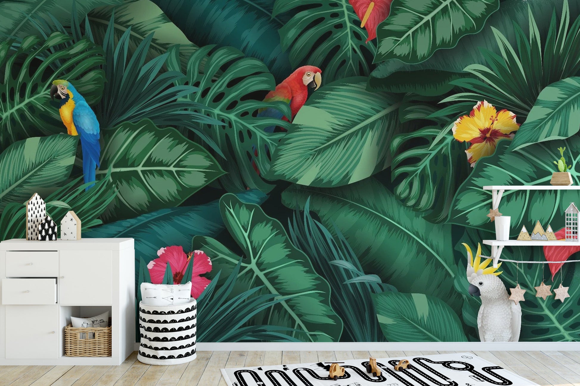 Tropical Green Leaves and Birds Wallpaper Mural - Giffywalls