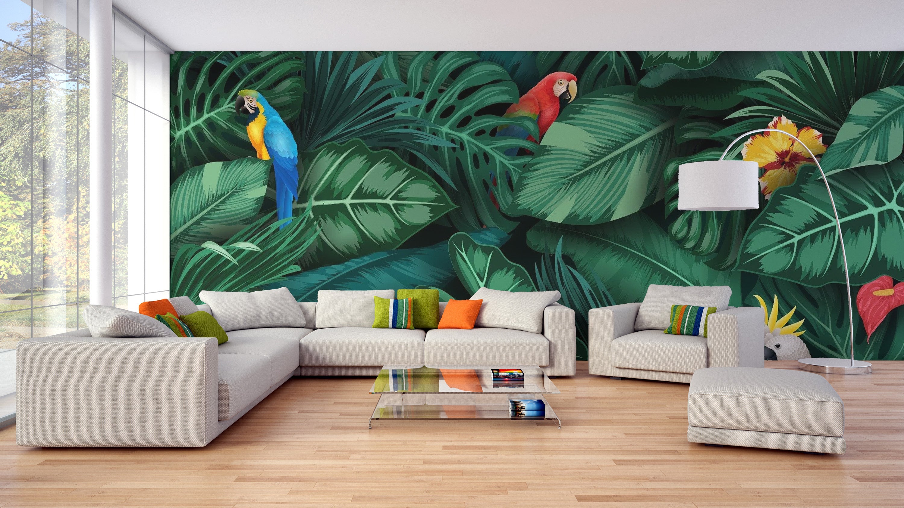 Tropical Green Leaves and Birds Wallpaper Mural - Giffywalls