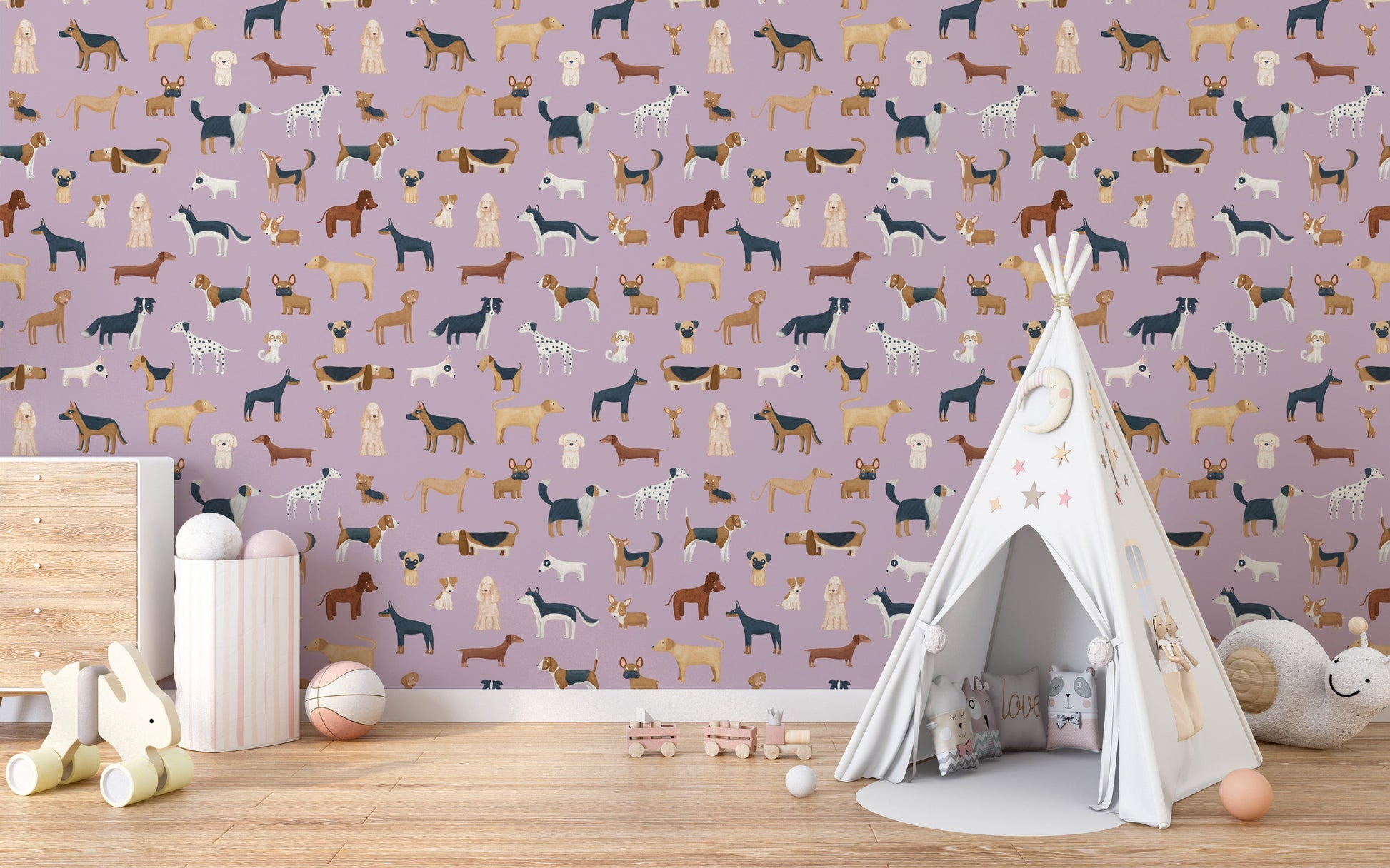 Stylish lilac dog print for nursery spaces
