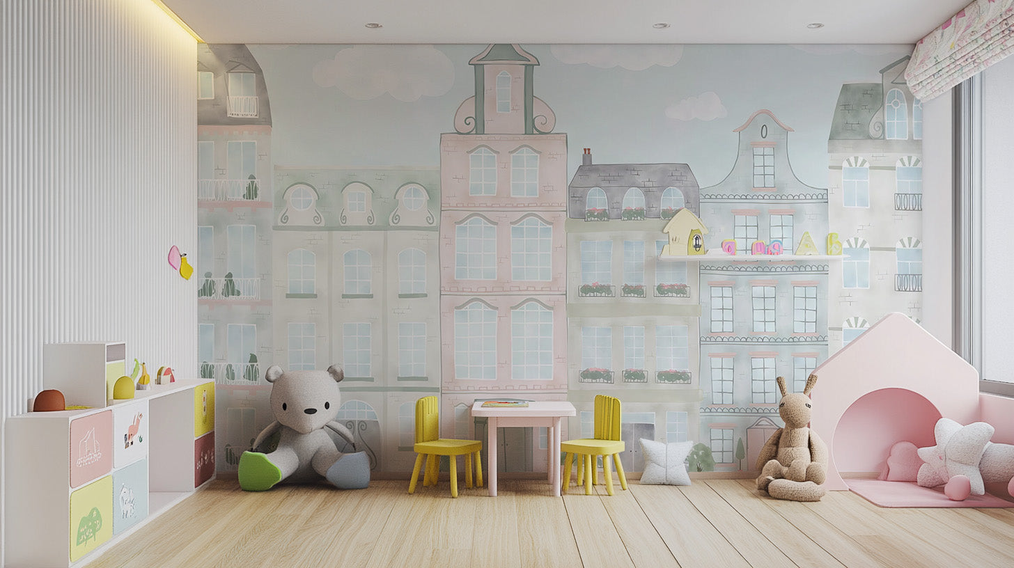 Watercolor urban scene mural for nurseries