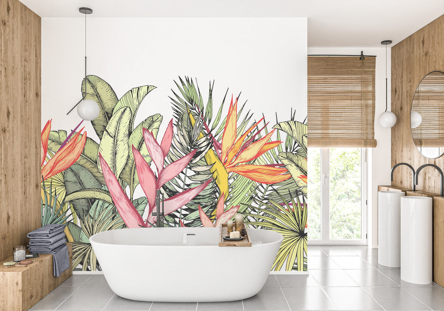 Colorful Tropical Palm Leaves Flowers Wall Murals - Giffywalls