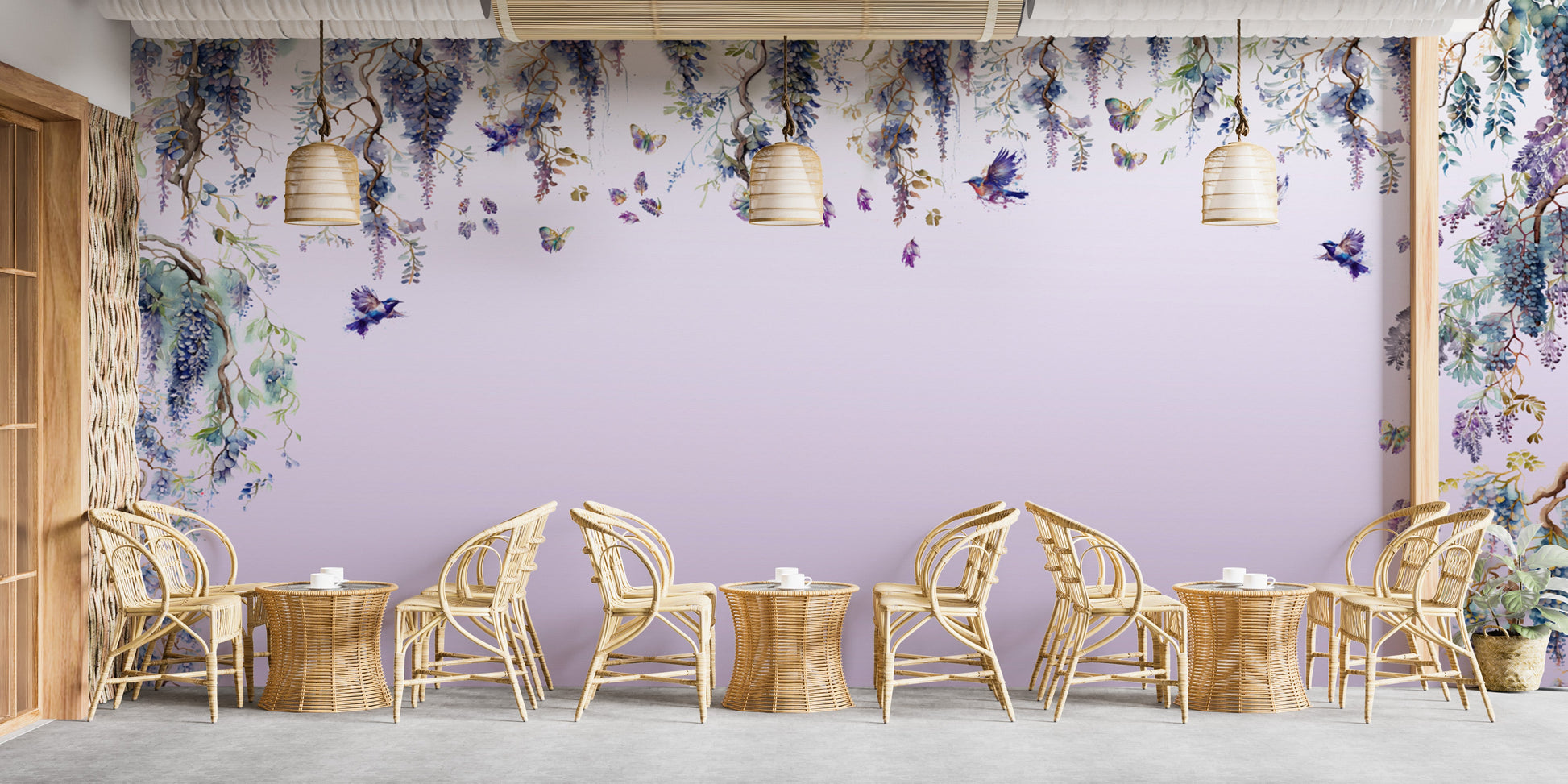 Beautiful wisteria romance purple mural wallpaper for a calming vibe.