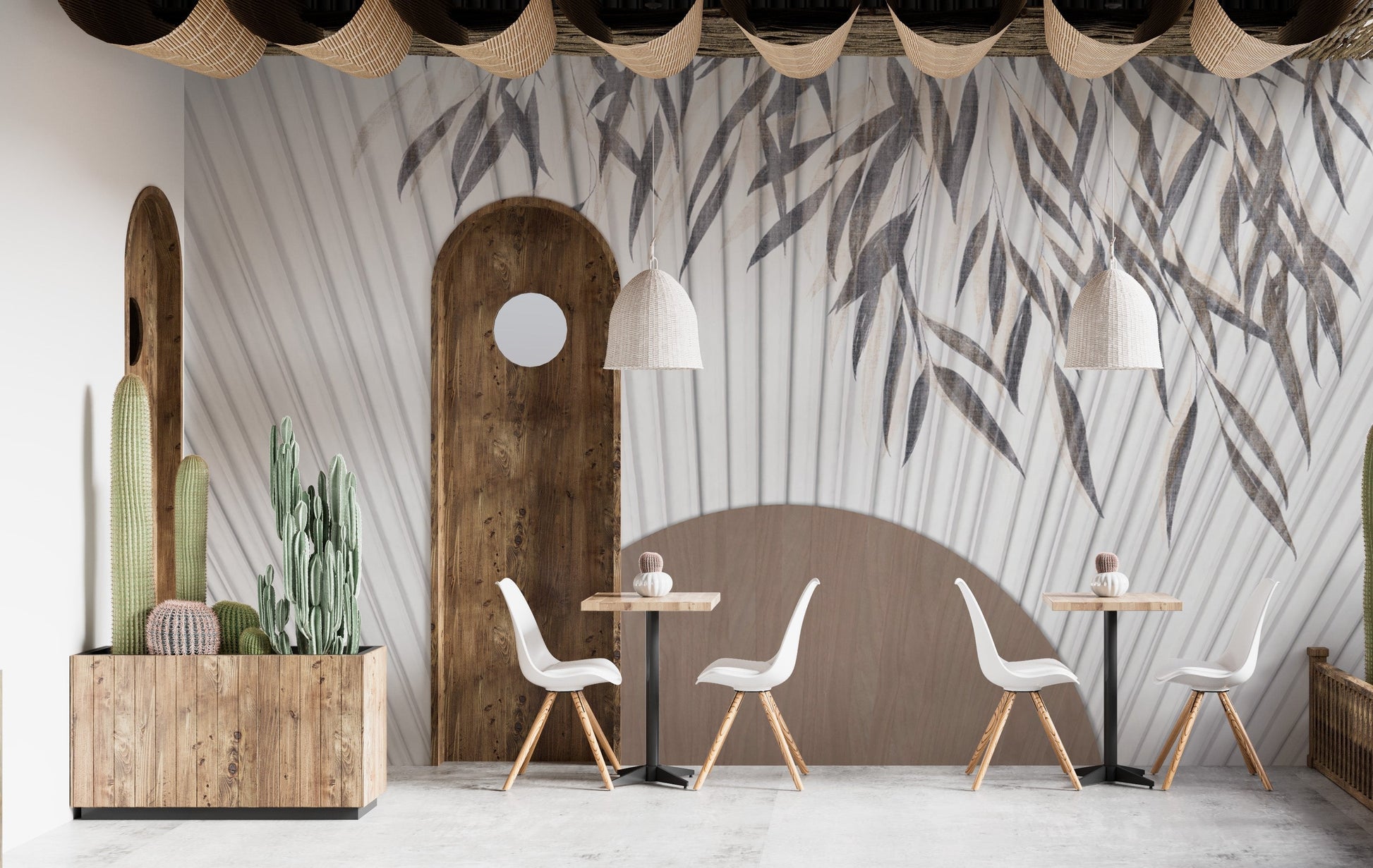 Chic striped mural featuring hand-illustrated design motifs.
