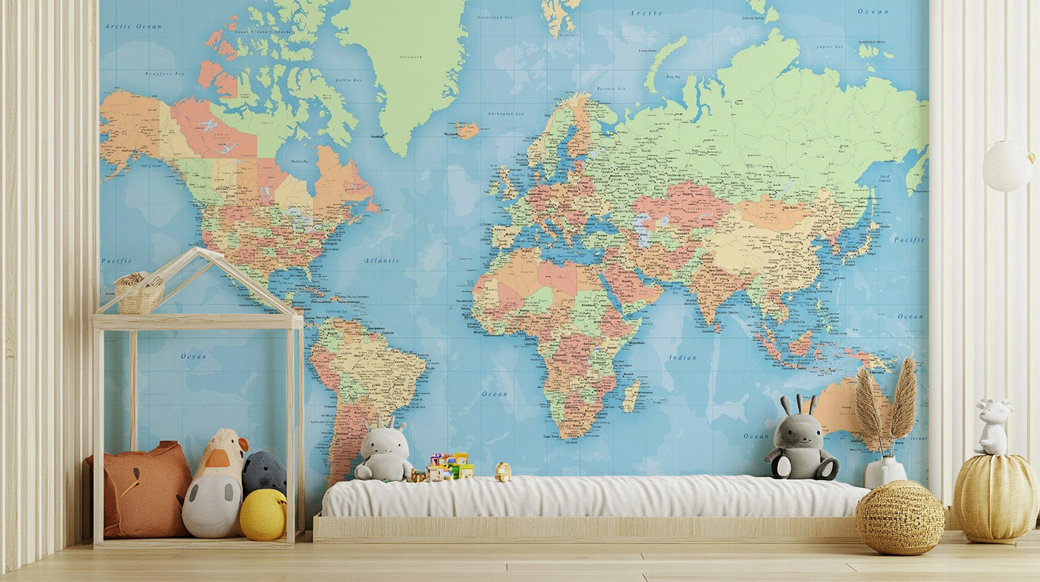 World Map Colourful Wallpaper Mural - Giffywalls