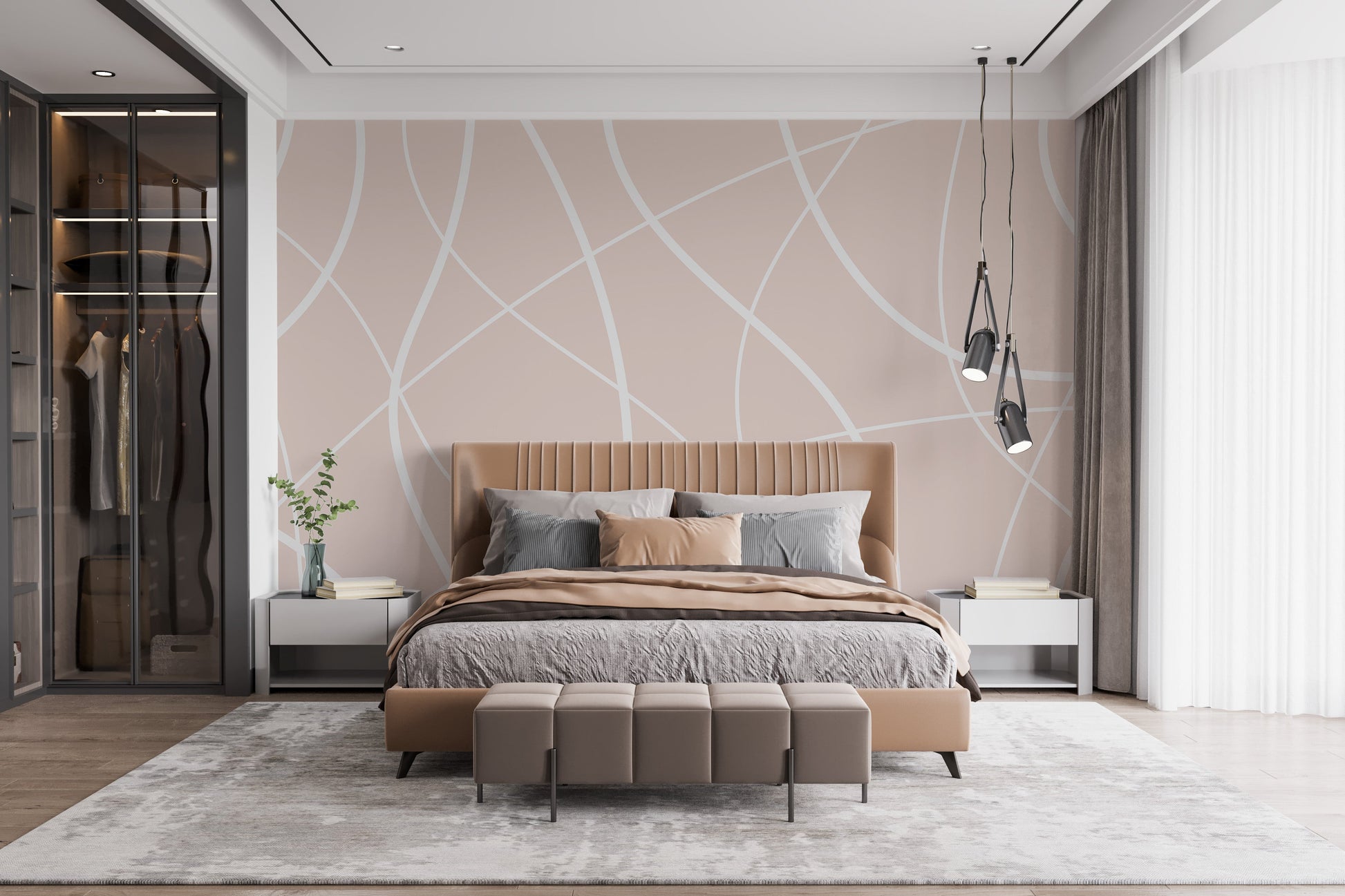 Beige abstract line wallpaper with geometric details.
