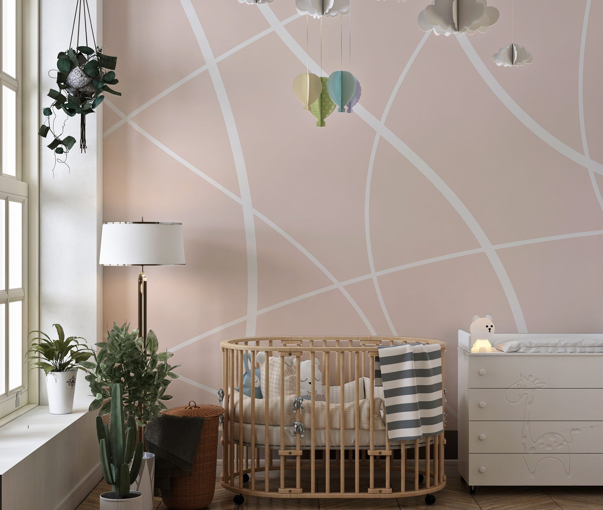 Geometric beige line abstract wallpaper mural.