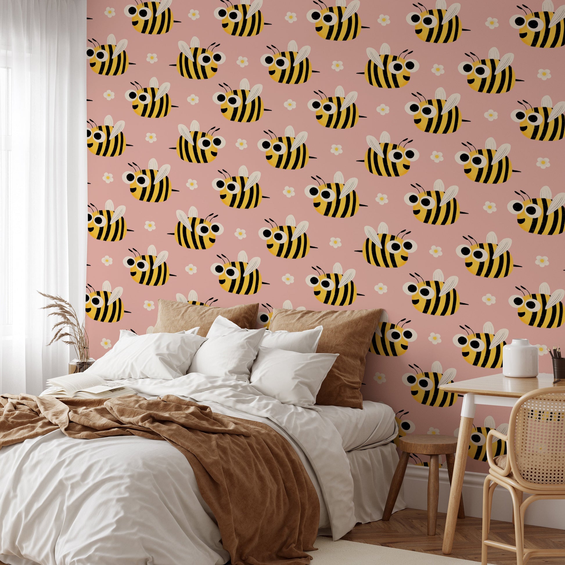 Playful bee-themed wall murals for kids
