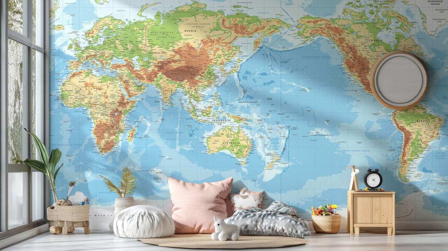 Pacific View Detailed World Map Wallpaper Murals - Giffywalls