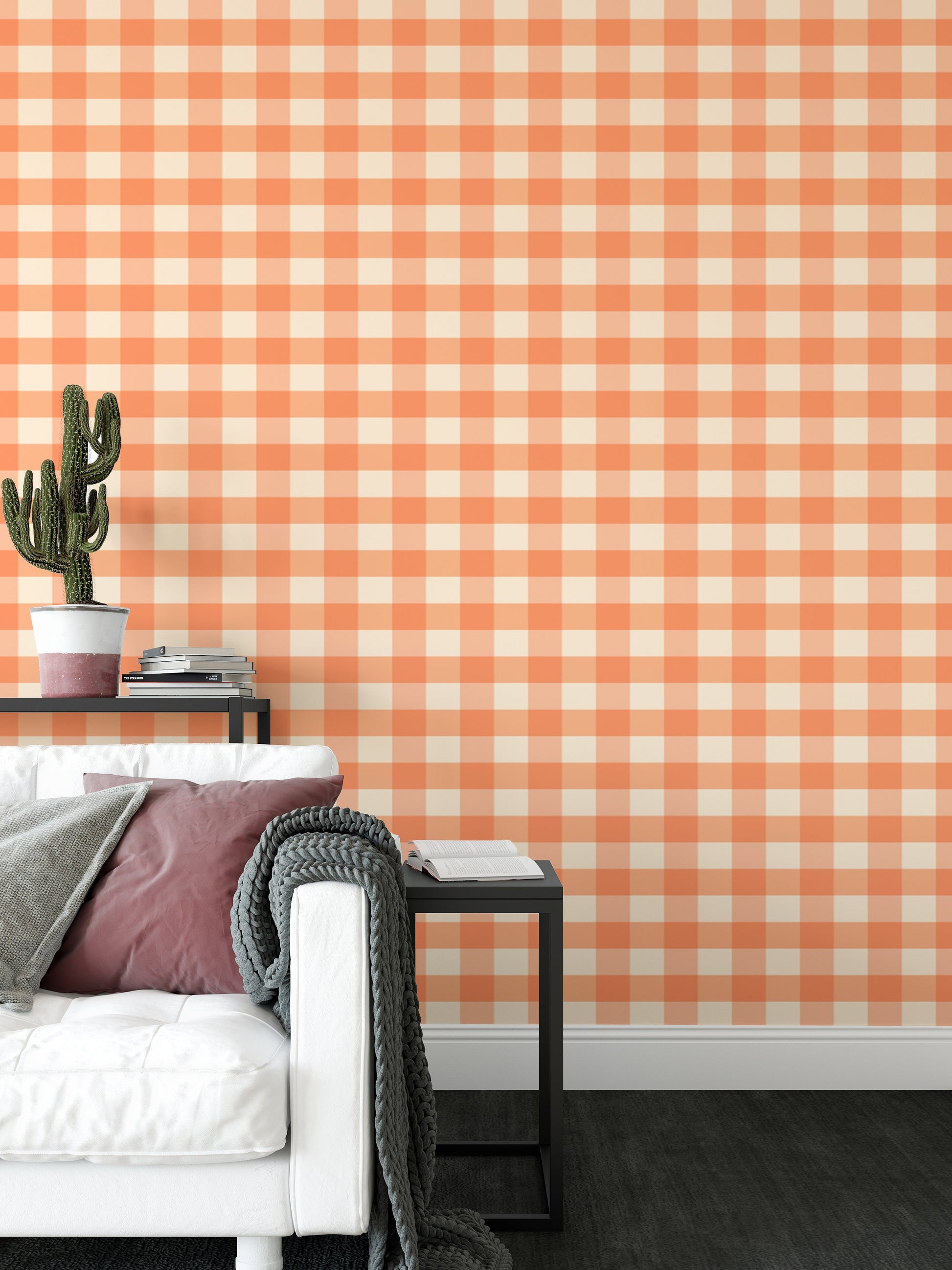 Sophisticated peach gingham wallpaper for classic wall decor.
