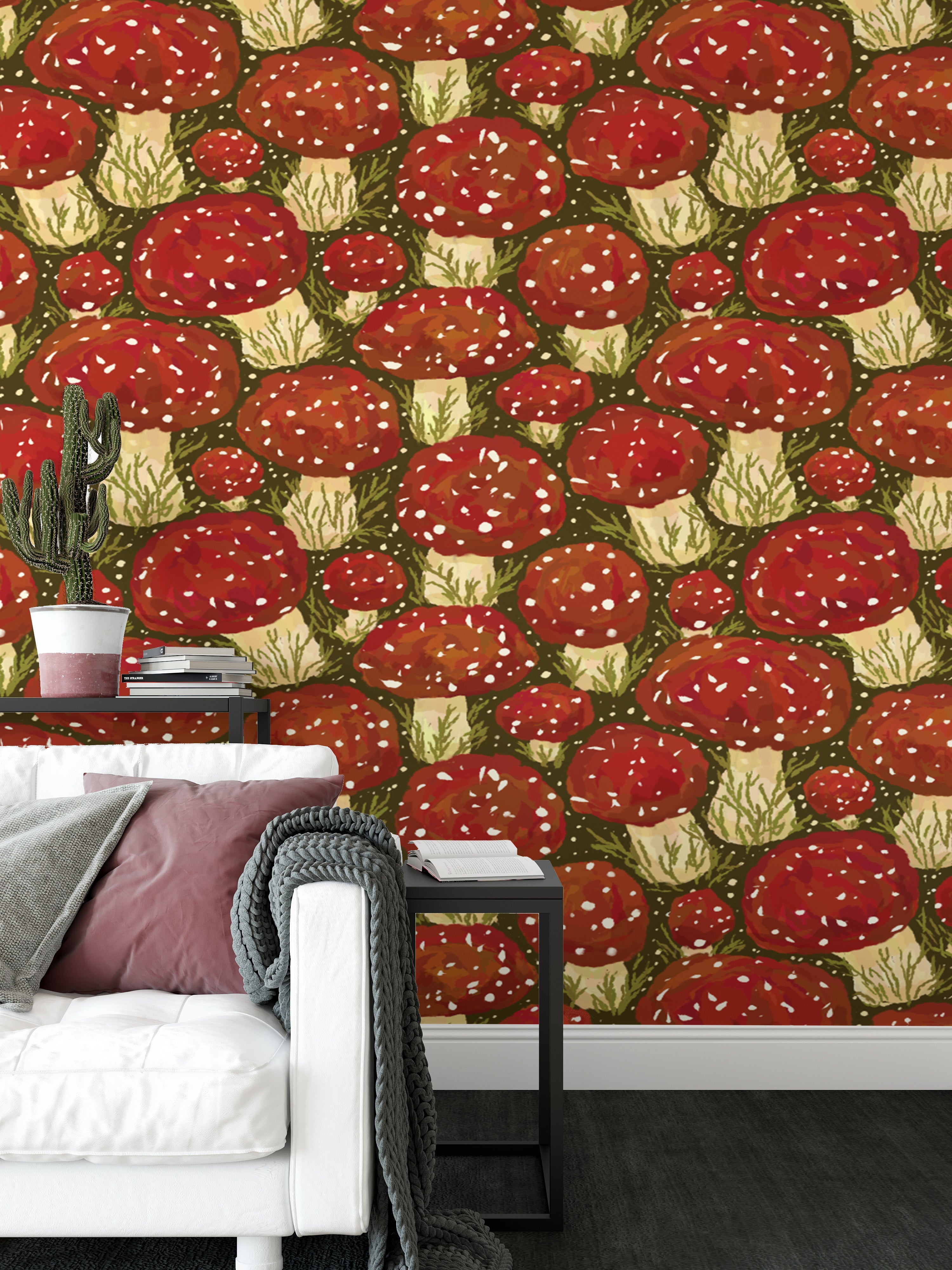 Artistic mushroom meadow wallpaper in red for unique and bold interiors.
