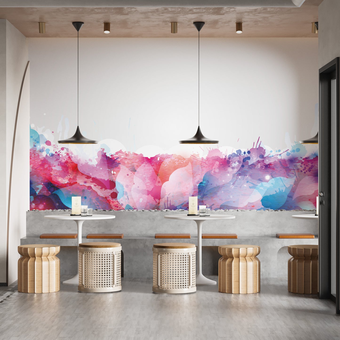 Vibrant watercolor mural with dynamic abstract leaf patterns.
