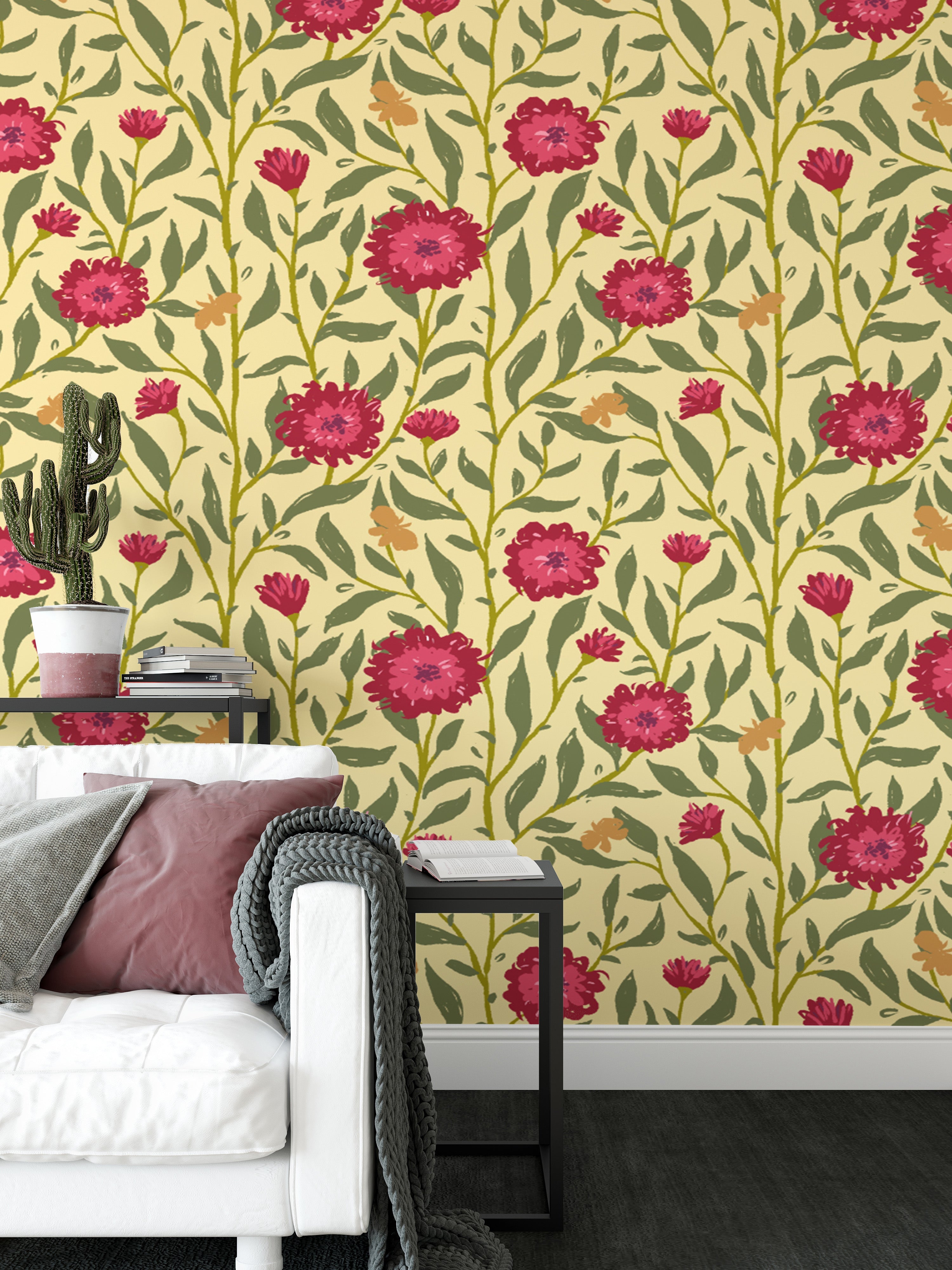 Vibrant spring trellis wallpaper in light magenta for lively spaces.
