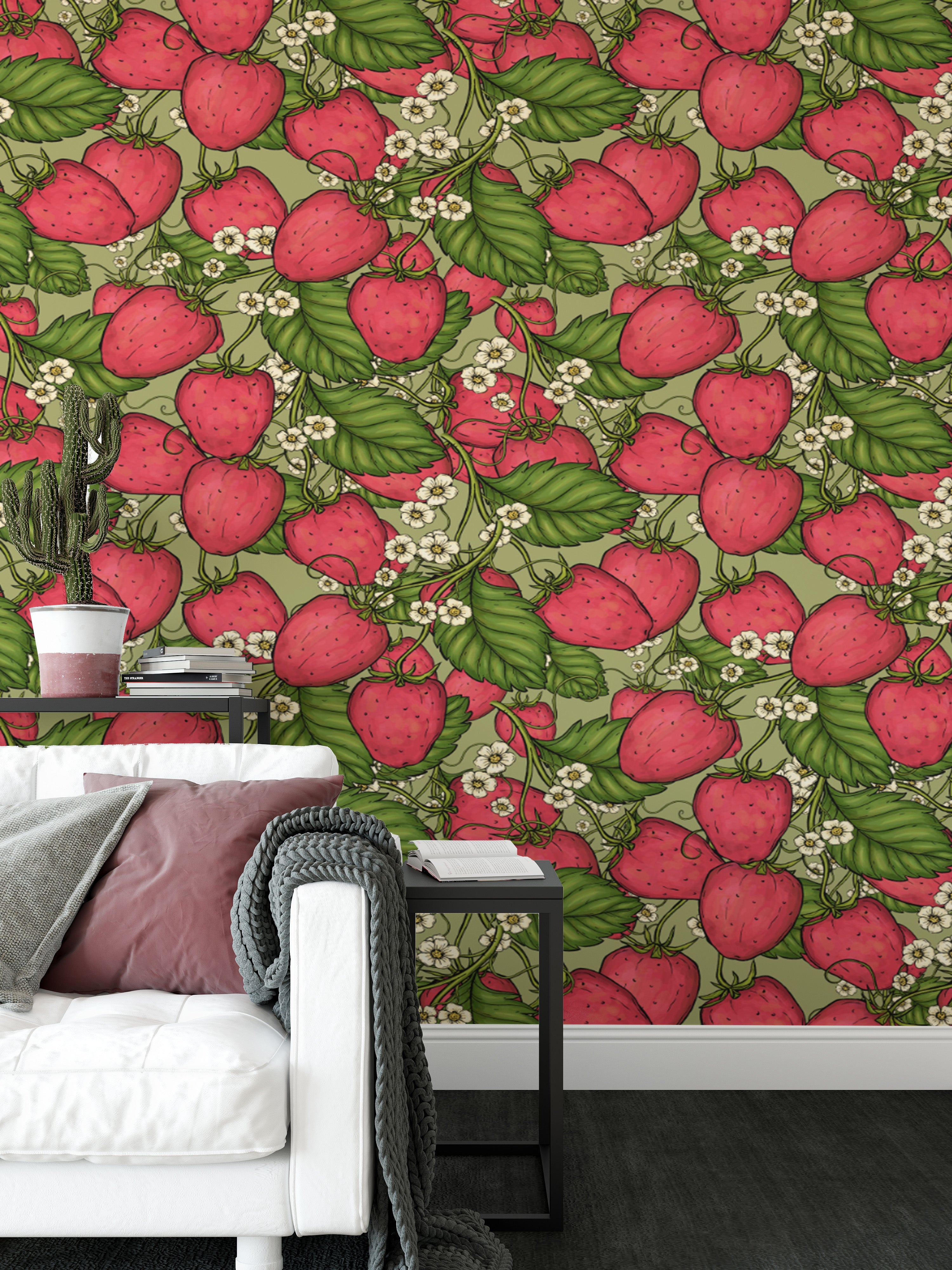 Elegant pink strawberry forest mural for a soft, romantic vibe.
