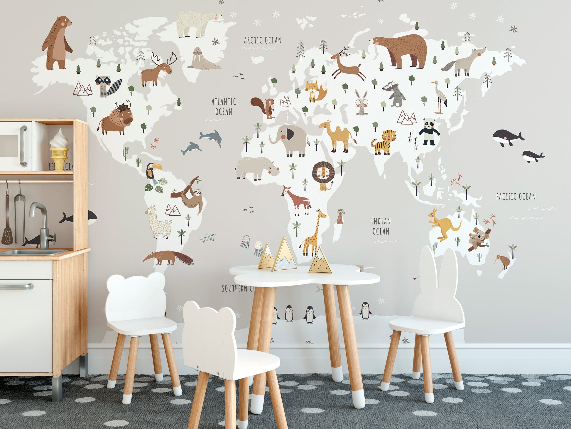 Gray world map wallpaper with wildlife icons
