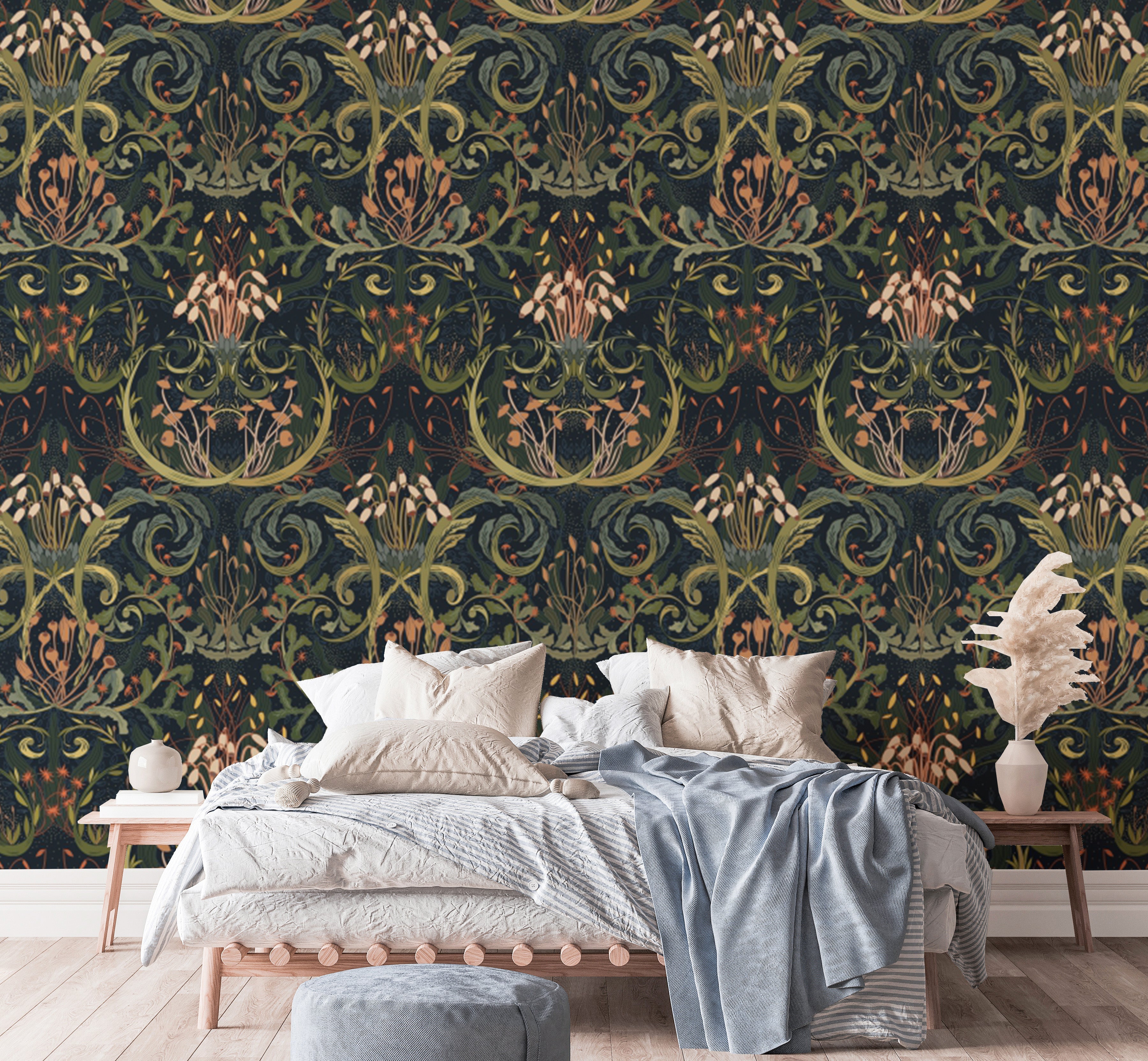 Add luxury to your space with Whimsical Botanic Silk wallpaper