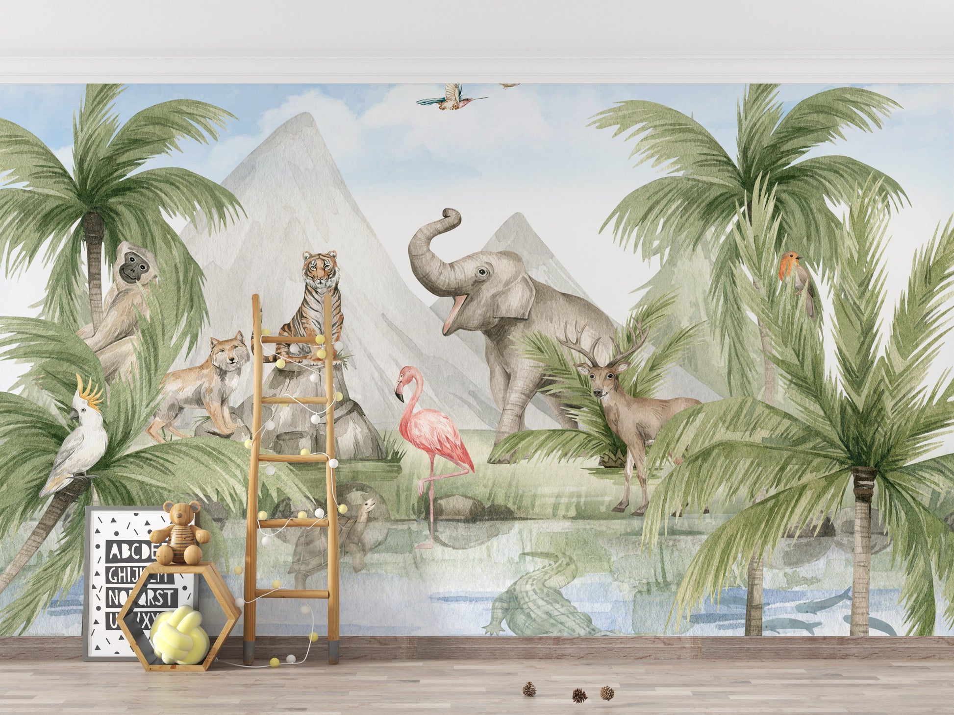 Exotic wildlife mural for nature-inspired spaces