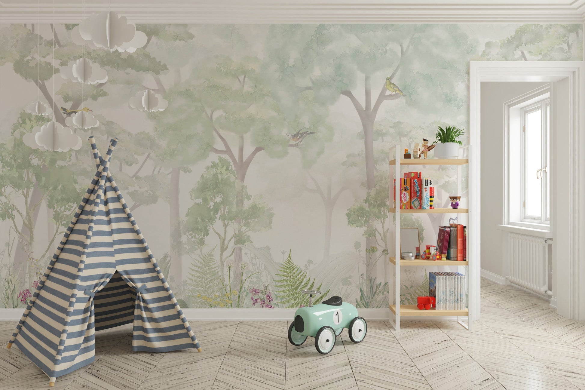 Transform the kids' room into a fairy-tale space with forest mural