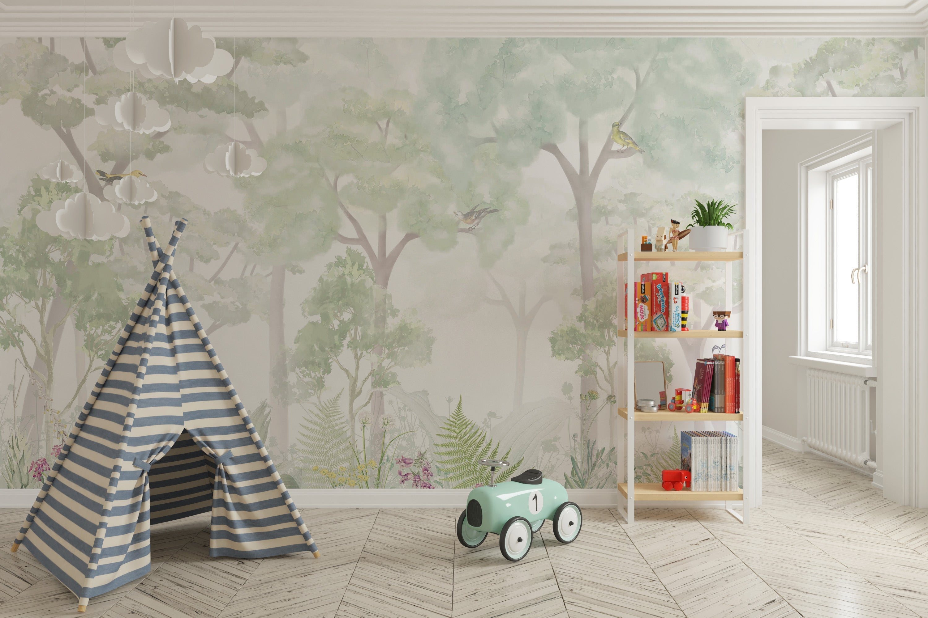 Transform the kids' room into a fairy-tale space with forest mural