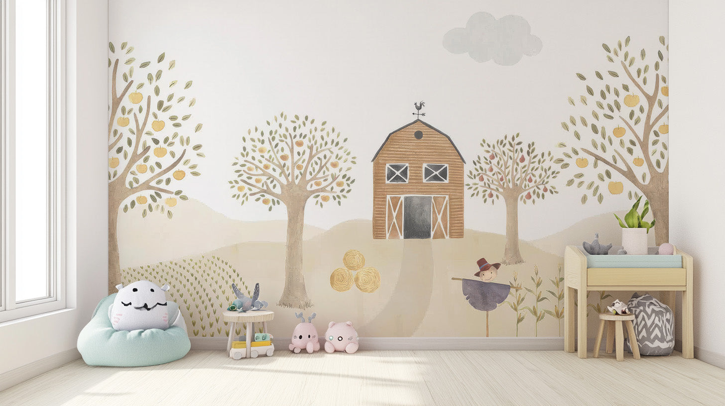 Whimsical pastoral pals barnyard mural for kids' decor