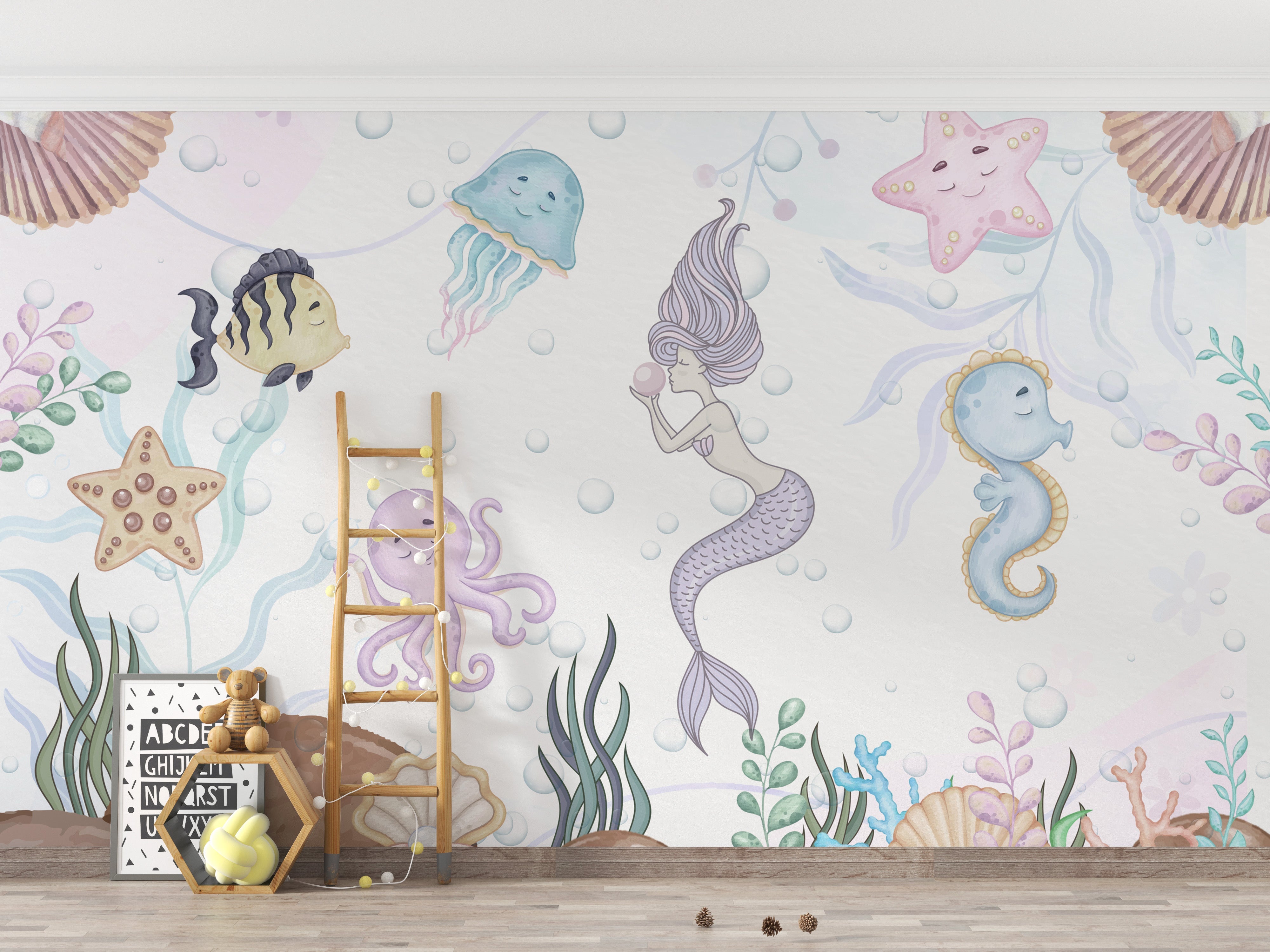 Aquatic playland wallpaper mural with colorful sea creatures