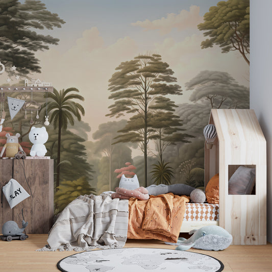 Nature woodcut forest wallpaper murals for a serene, earthy room design.
