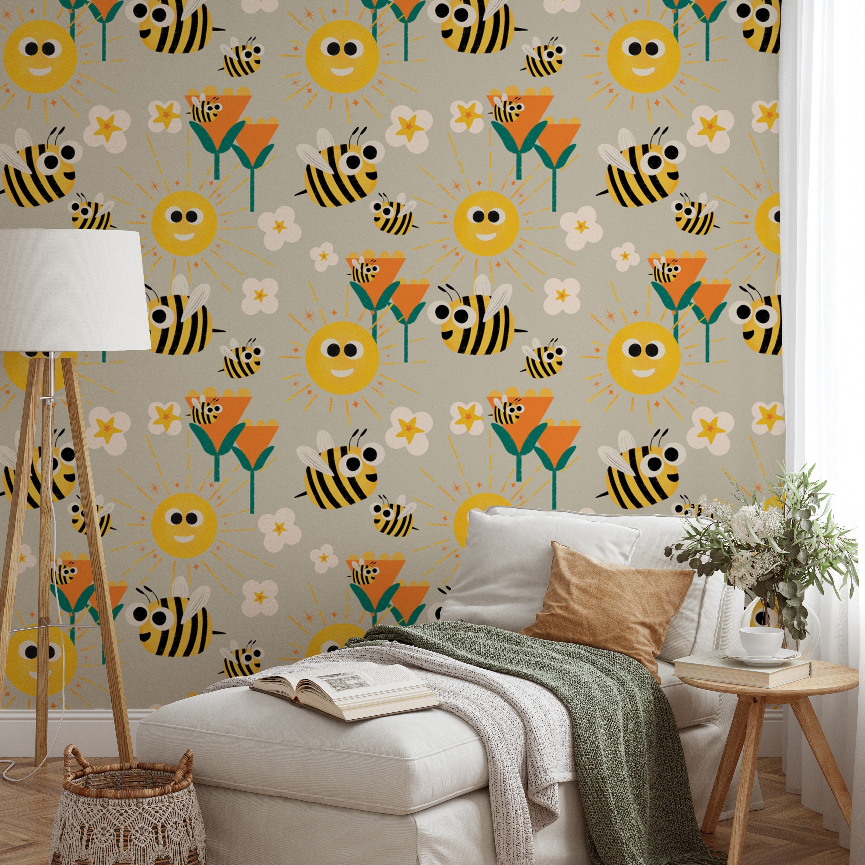 Happy bees and sunflowers wallpaper design
