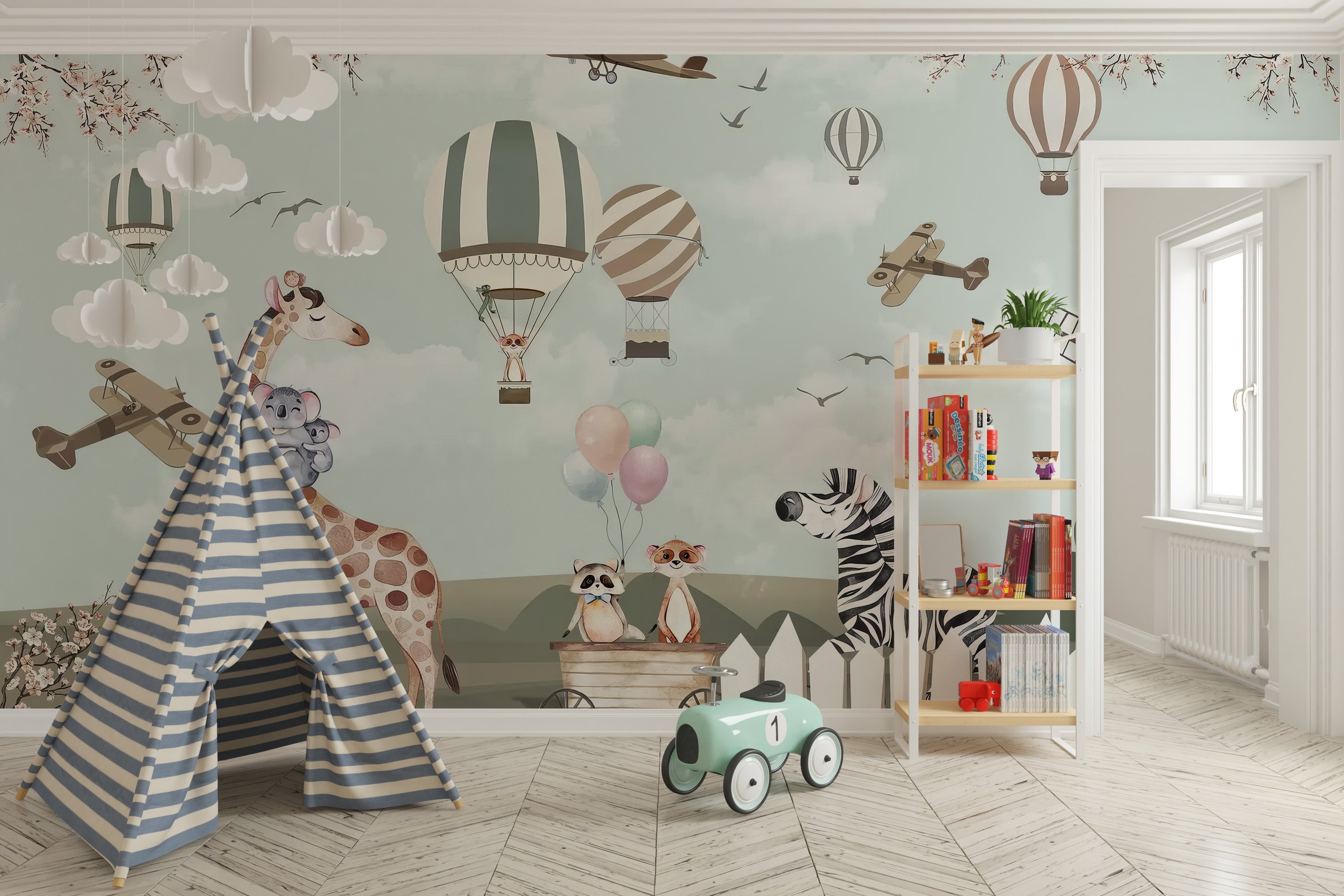 Nursery wallpaper with playful animal illustrations