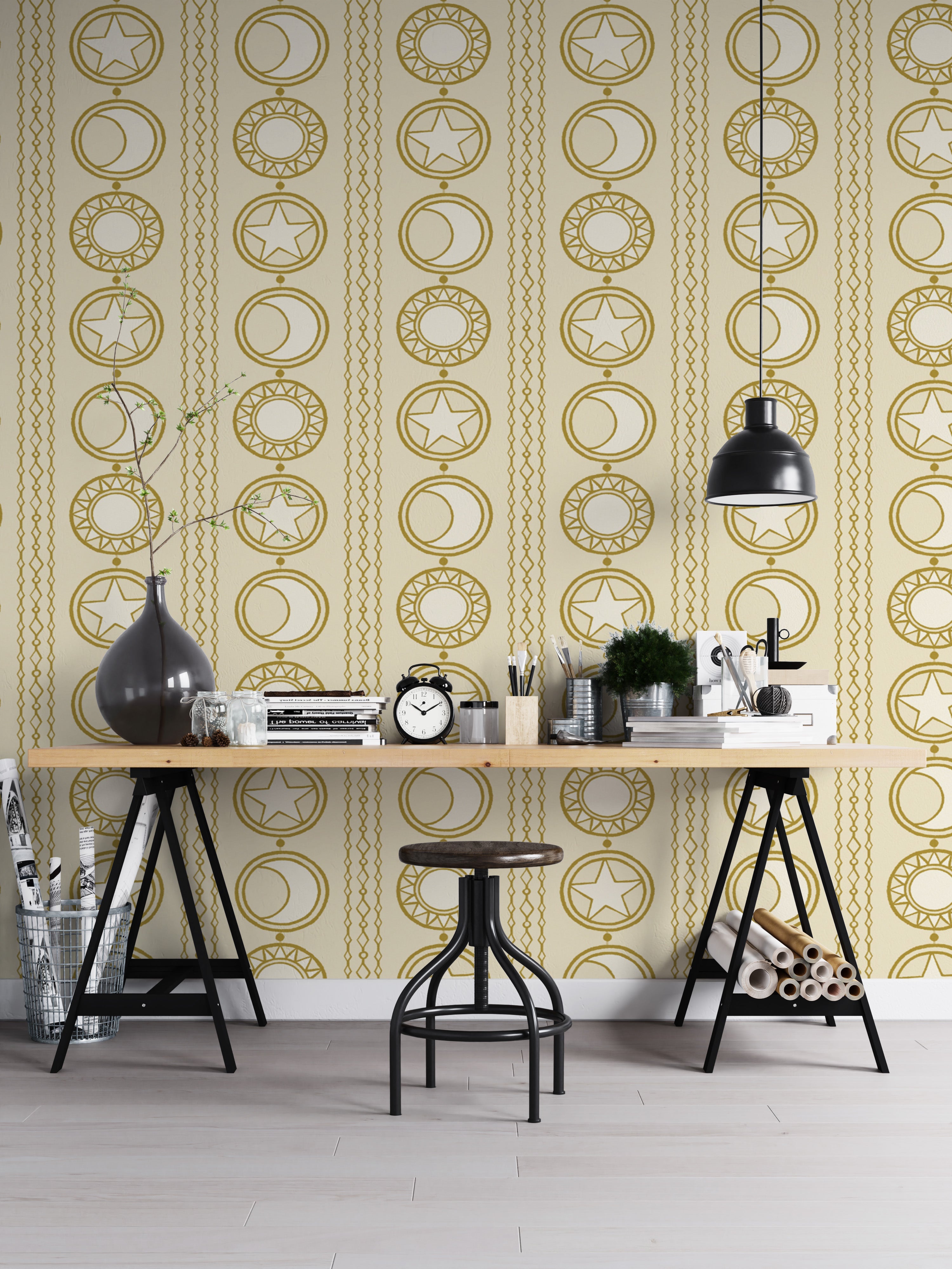 Cosmic-inspired celestial medallions wallpaper for chic spaces.
