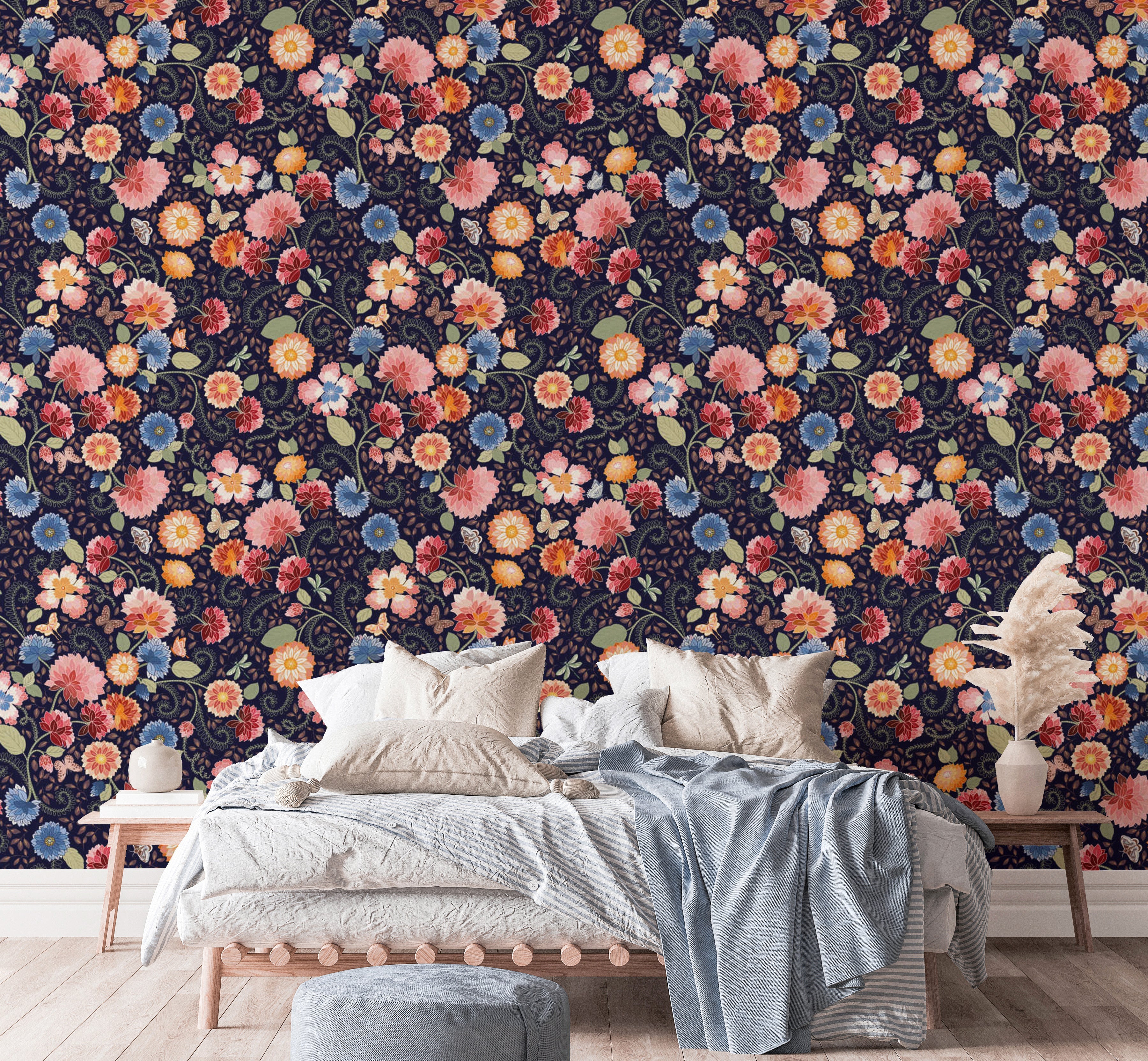 Sophisticated flower wallpaper in blue tones