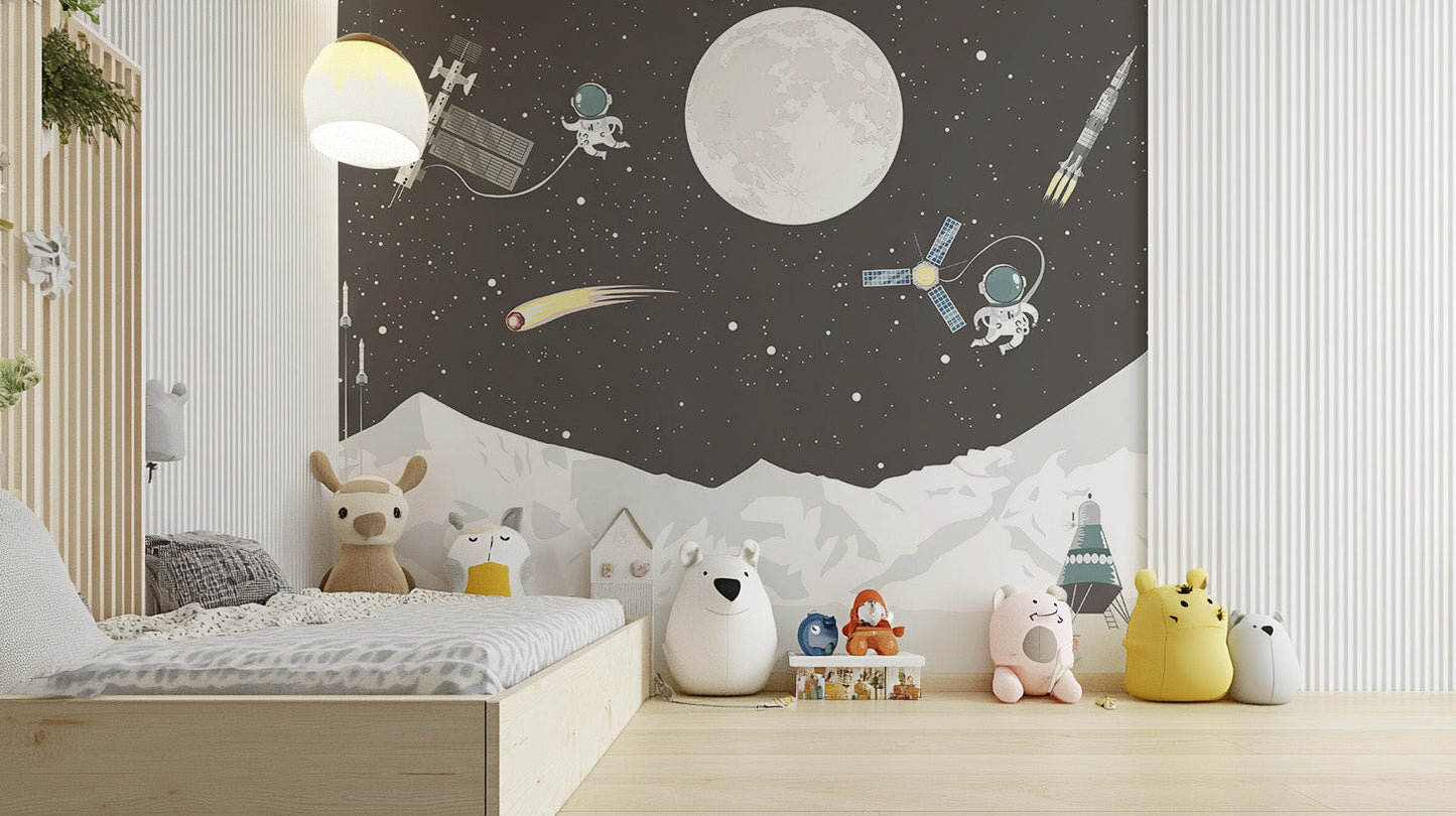 Space-themed wallpaper mural for nursery
