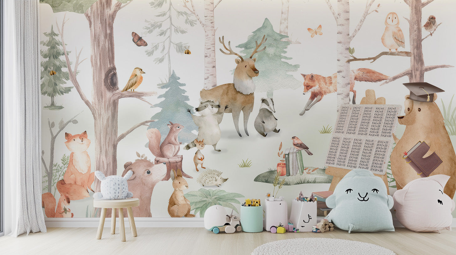 Whimsical critter classroom wallpaper for kids