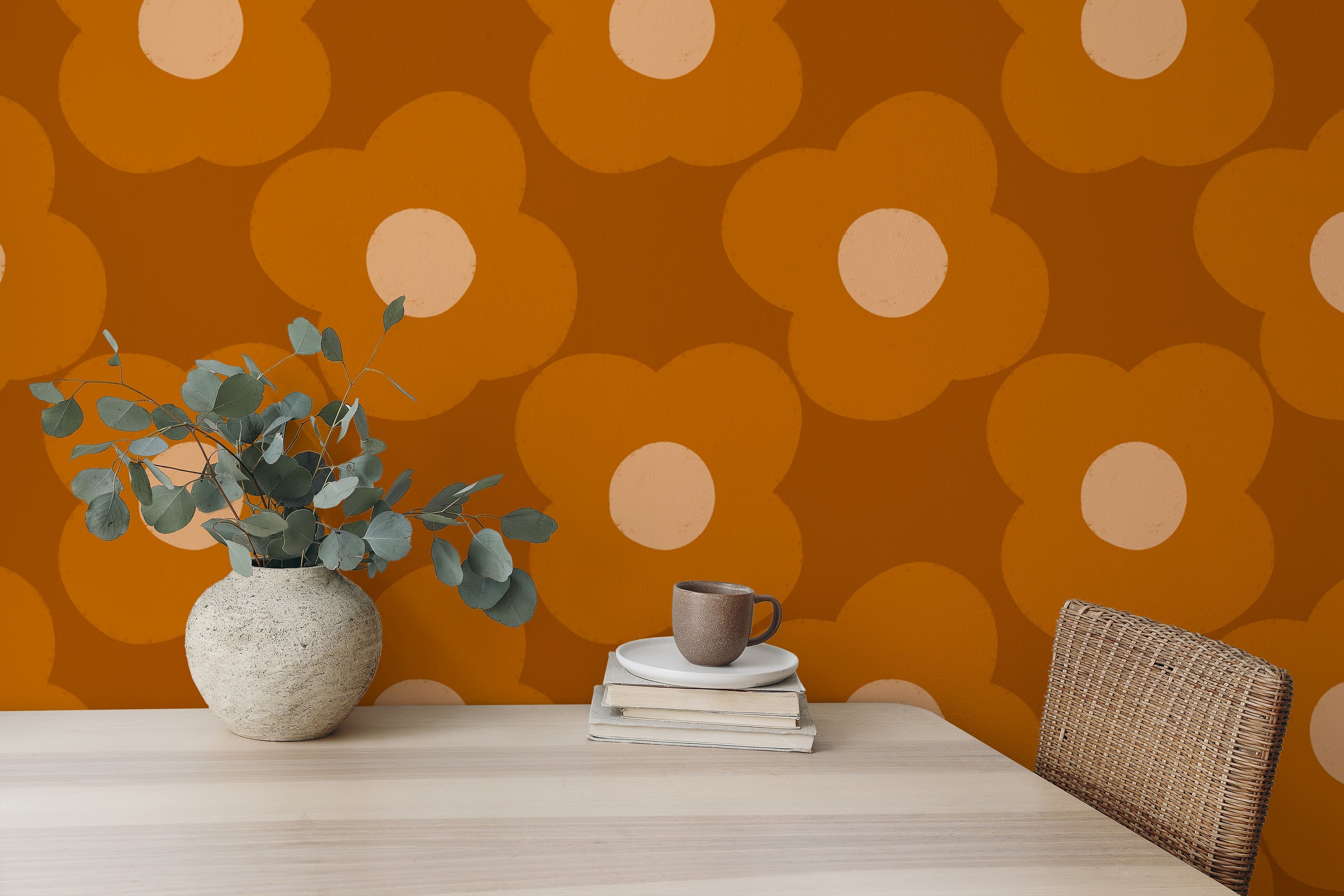 Orange daisy pattern wallpaper for modern homes
